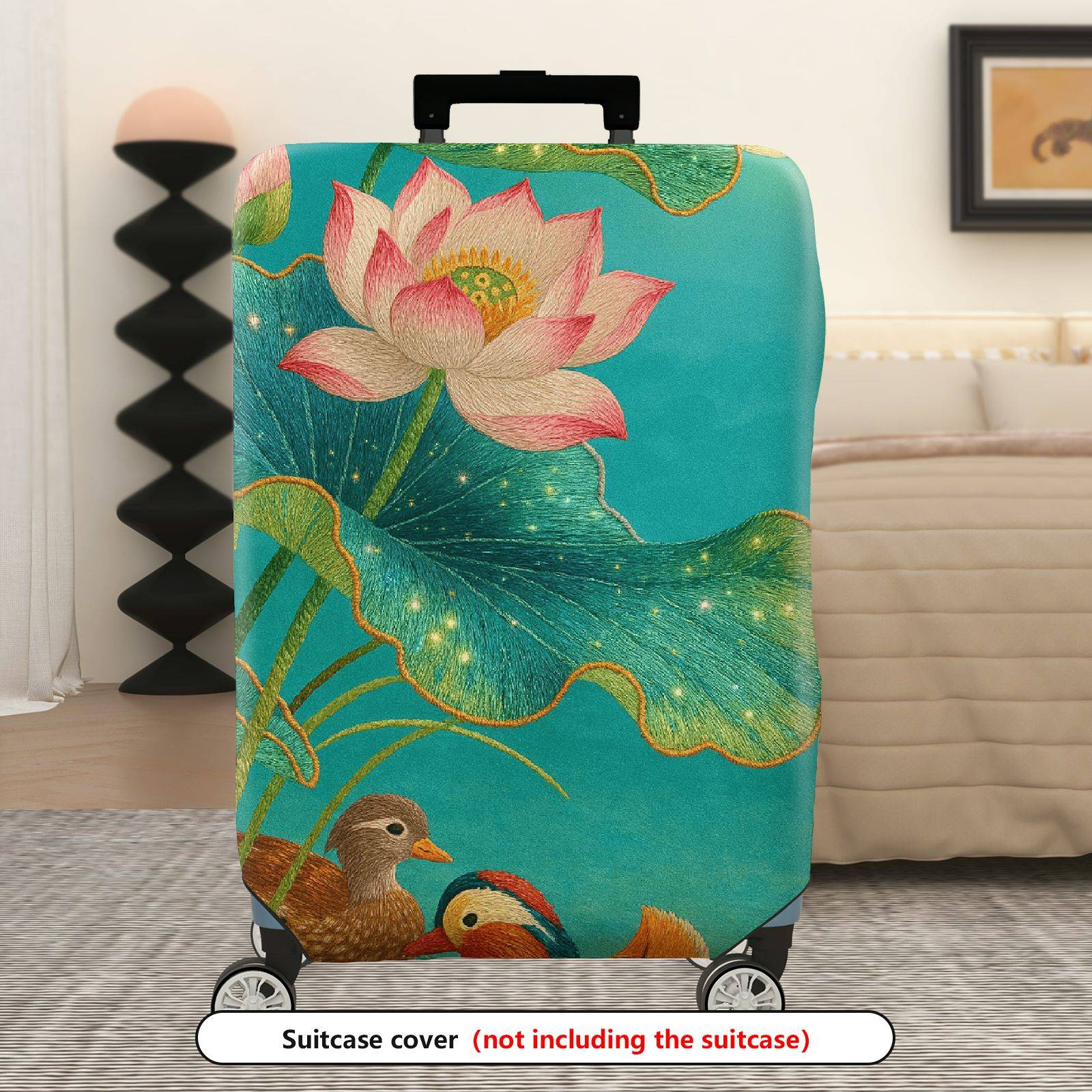 1-Piece Lotus Flower Pond Duck Illustration  Suitcase Luggage Cover, Stretch Protective Sleeve