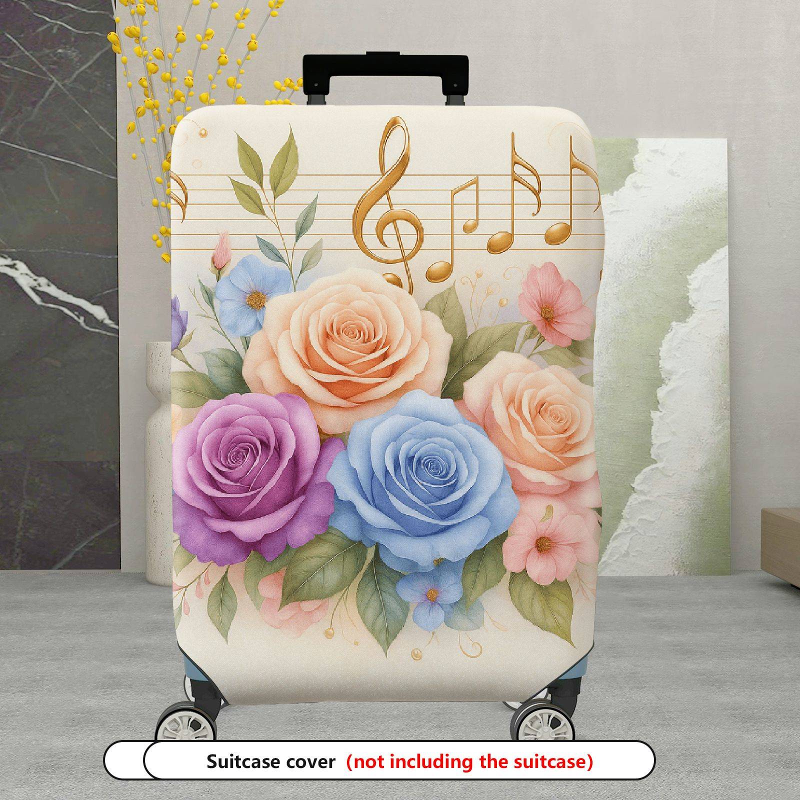 1-Piece Floral Music Notes Colorful Roses Abstract Artistic  Suitcase Luggage Cover, Stretch Protective Sleeve