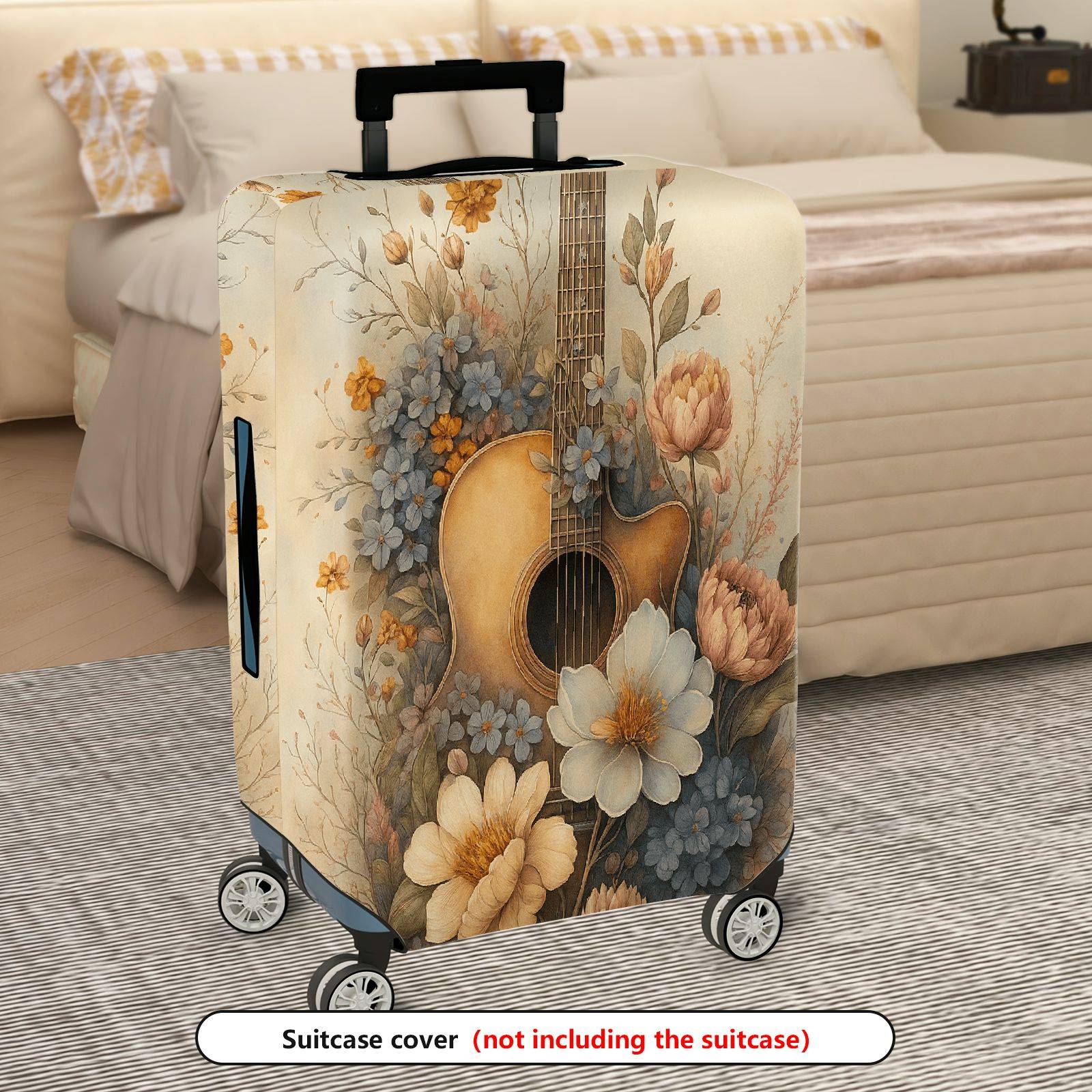 1-Piece Floral Guitar Artistic Vintage Retro Elegant  Suitcase Luggage Cover, Stretch Protective Sleeve