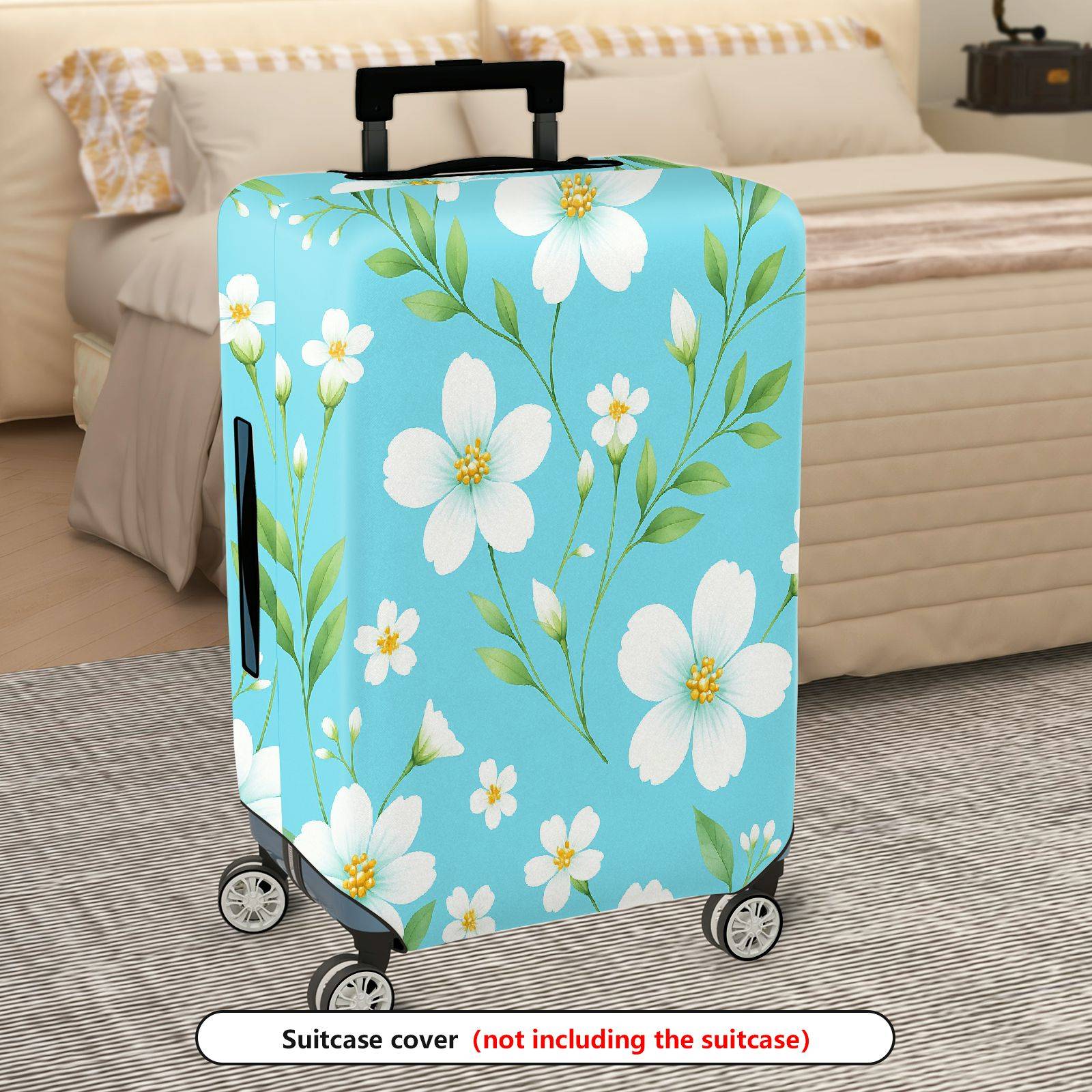 1-Piece Floral Leaf Blue White Travel  Suitcase Luggage Cover, Stretch Protective Sleeve
