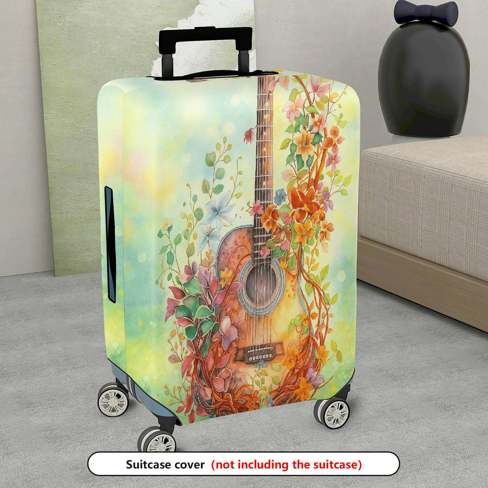 1-Piece Vintage Guitar Floral Artistic Nature Colorful  Suitcase Luggage Cover, Stretch Protective Sleeve