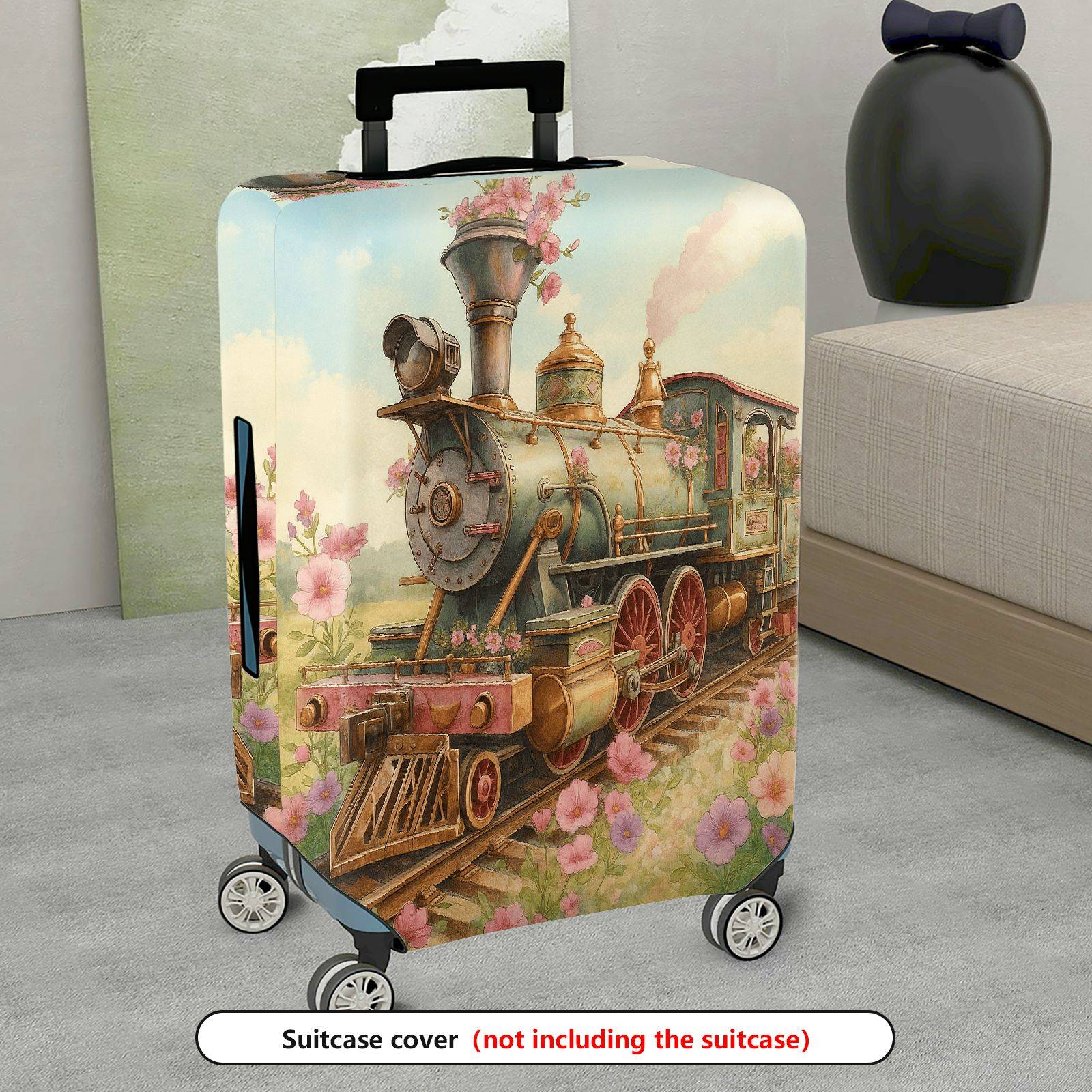 1-Piece Vintage Floral Steam Train Art Travel  Suitcase Luggage Cover, Stretch Protective Sleeve