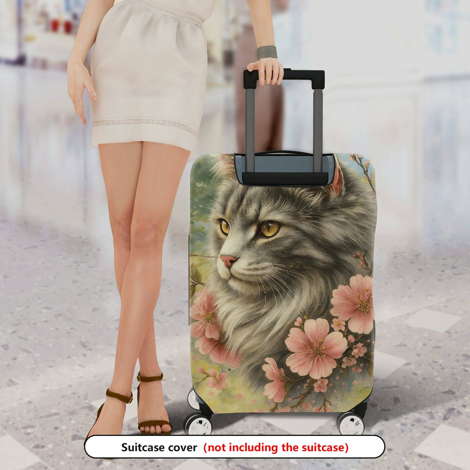 1-Piece Floral Cat Art Pastel Spring Nature  Suitcase Luggage Cover, Stretch Protective Sleeve