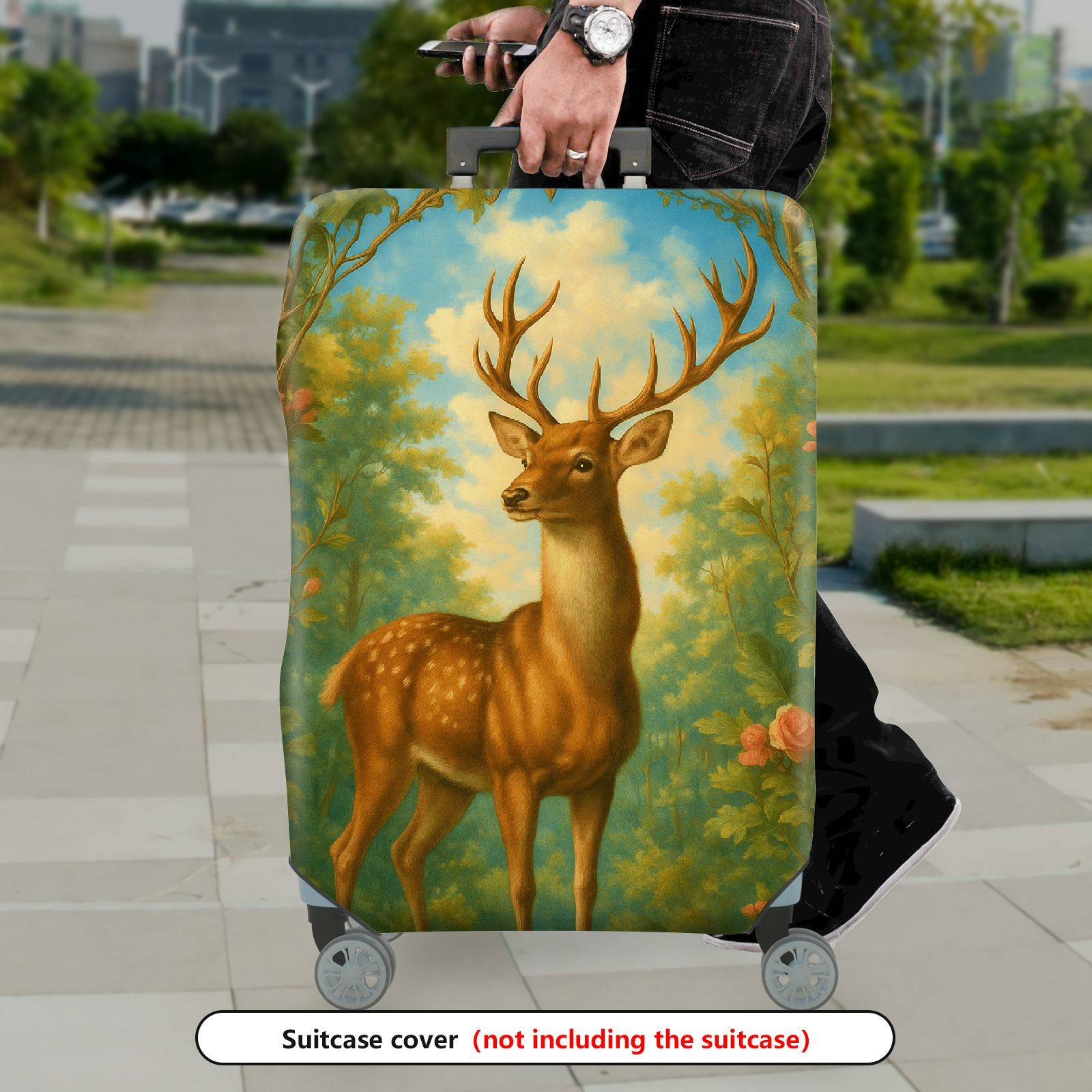 1-Piece Deer Flowers Forest Nature Scenic  Suitcase Luggage Cover, Stretch Protective Sleeve