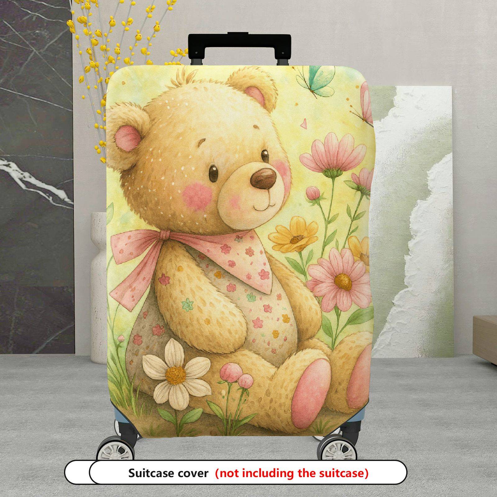 1-Piece Bear Flower Bow Nature Pastoral  Suitcase Luggage Cover, Stretch Protective Sleeve