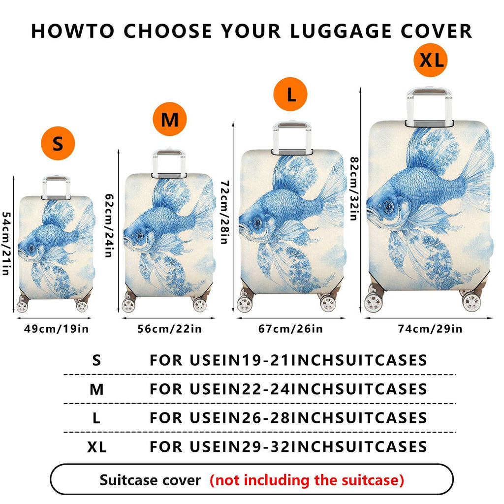 1-Piece Artistic Blue Fish Floral Nature Elegant  Suitcase Luggage Cover, Stretch Protective Sleeve