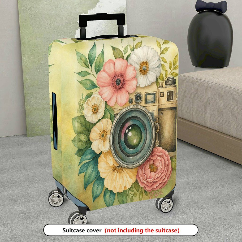 1-Piece Vintage Floral Camera Artistic Bloom Colorful  Suitcase Luggage Cover, Stretch Protective Sleeve