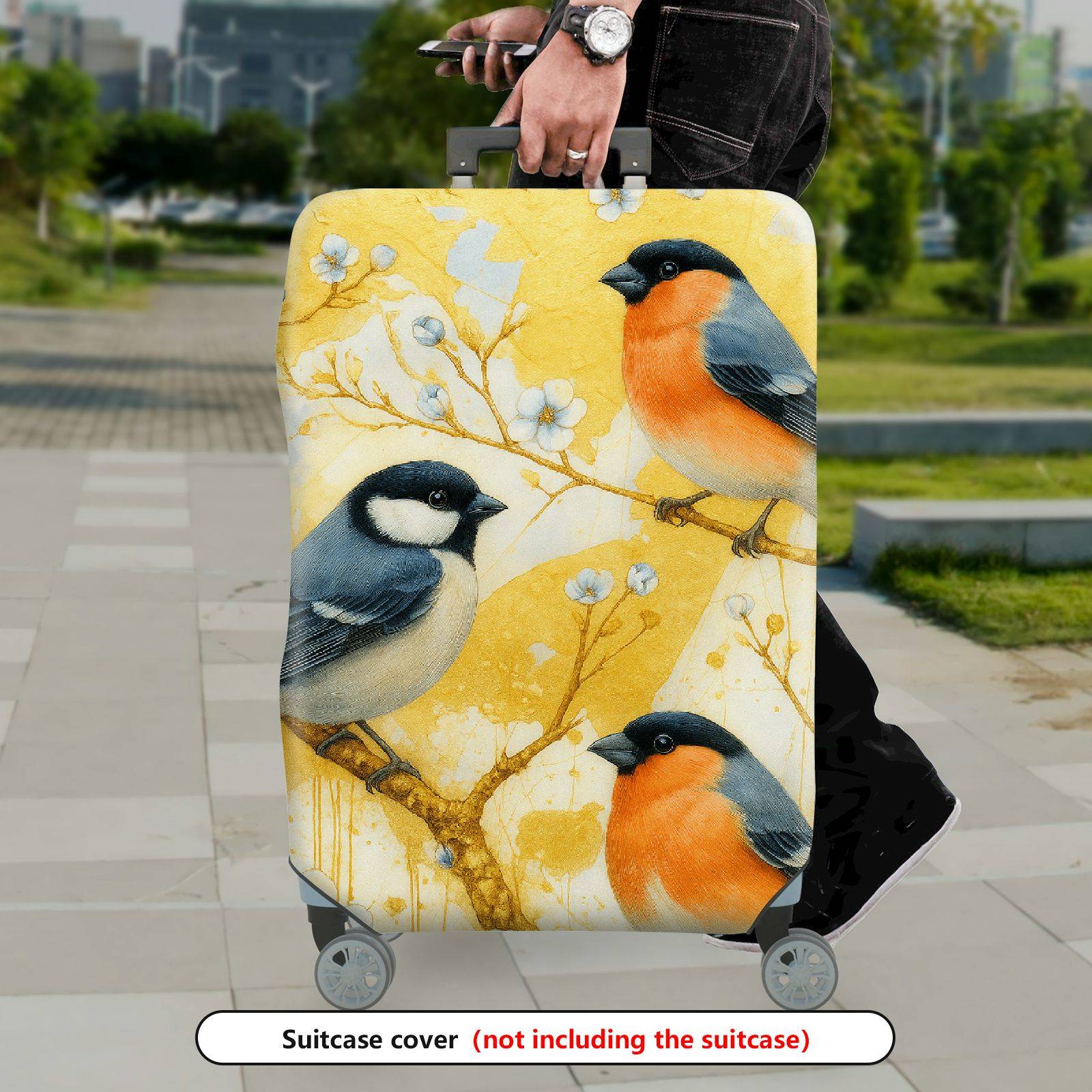 1-Piece Spring Bird Flower Branch Yellow Artistic  Suitcase Luggage Cover, Stretch Protective Sleeve