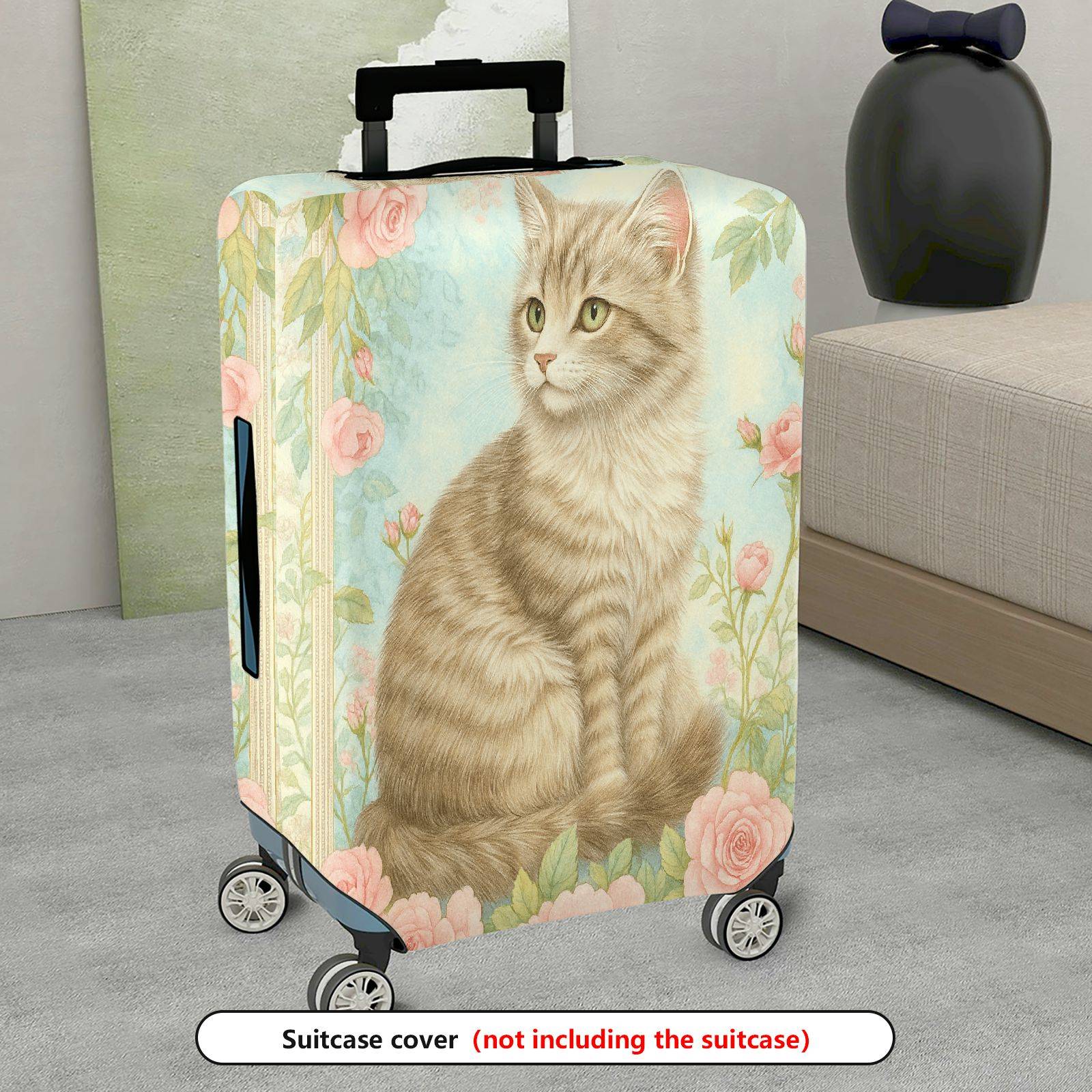 1-Piece Floral Cat Vintage Artistic Pastoral Chic  Suitcase Luggage Cover, Stretch Protective Sleeve