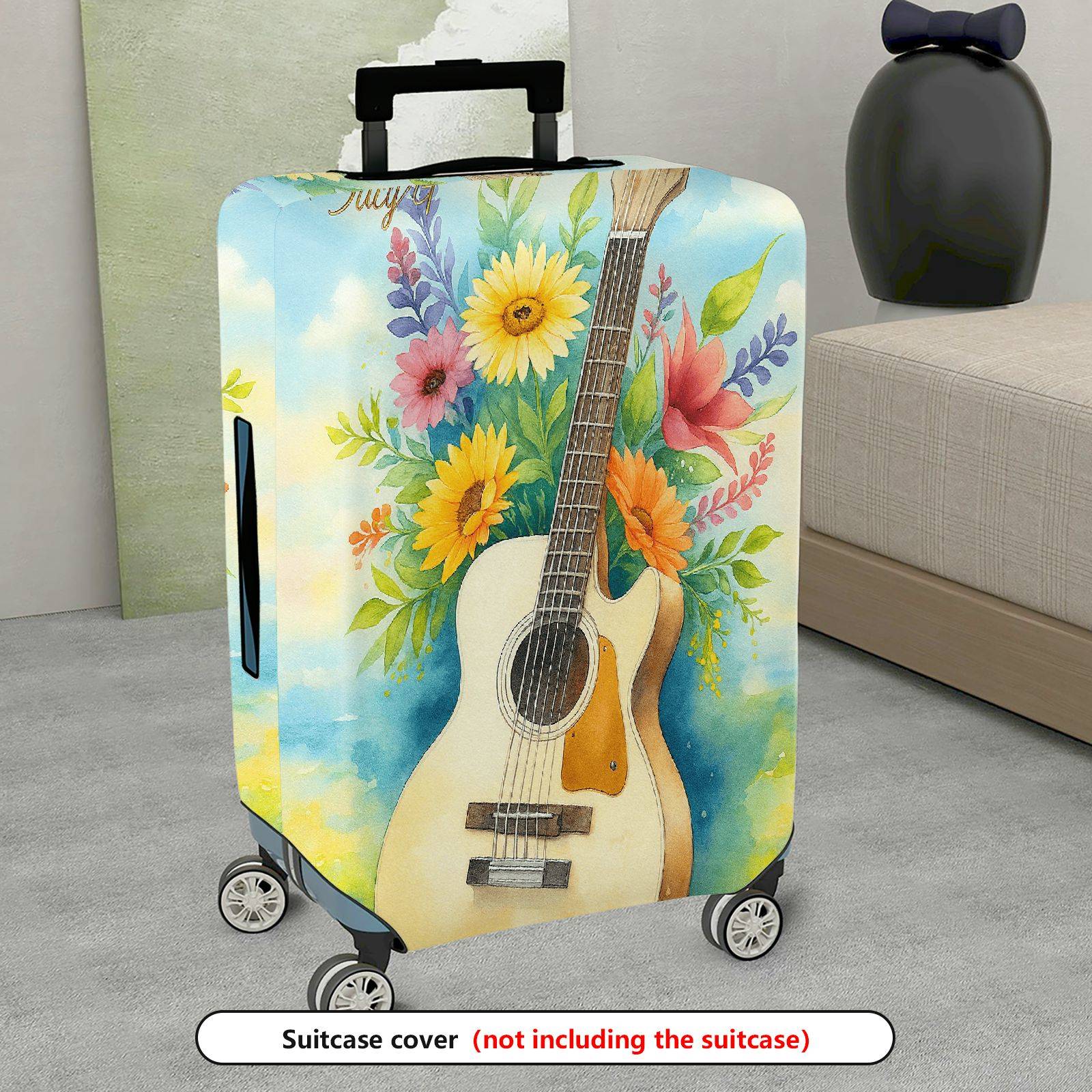 1-Piece Colorful Floral Guitar Artistic Musical Nature Travel  Suitcase Luggage Cover, Stretch Protective Sleeve
