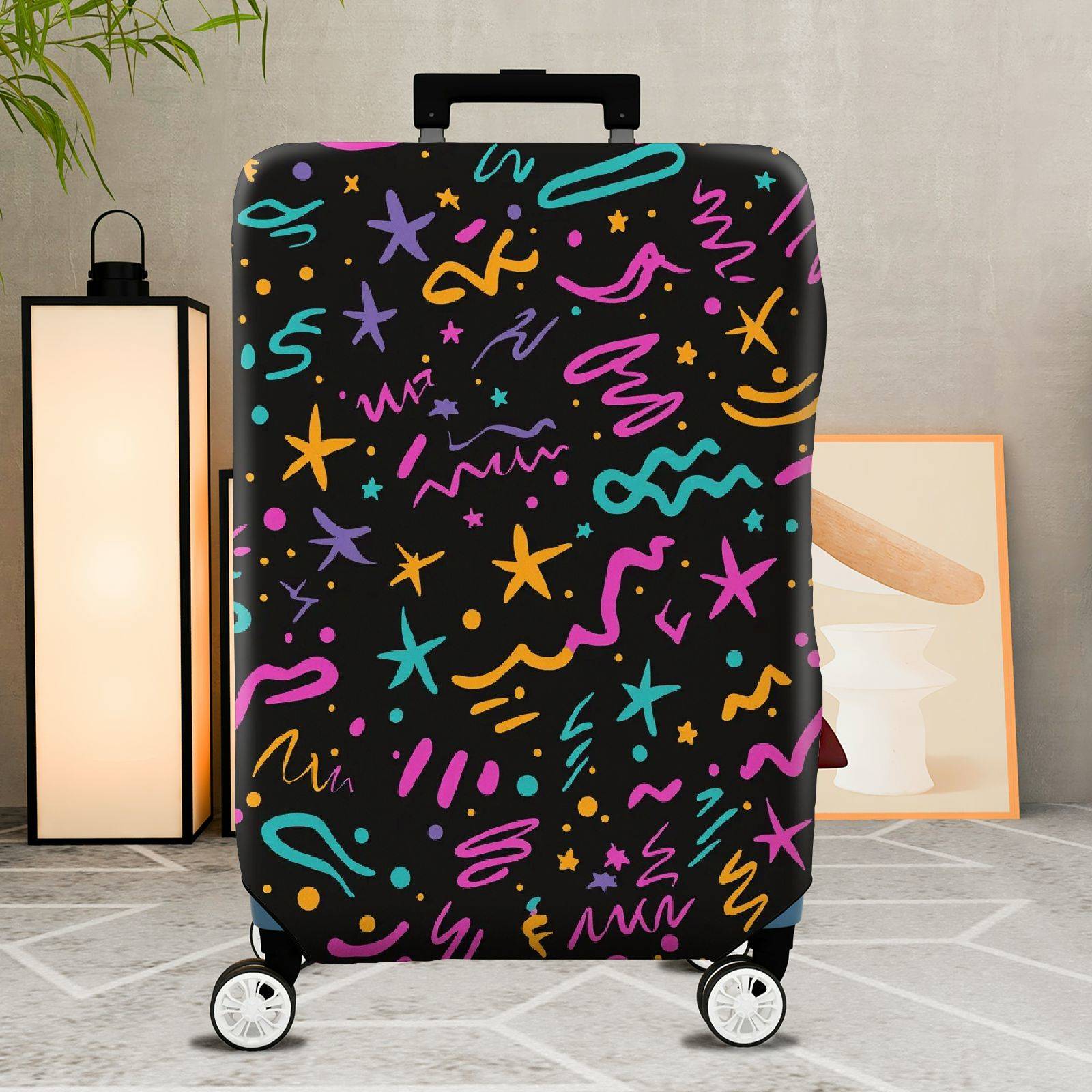 1-Piece Abstract Colorful Star Line Art Pattern Black  Suitcase Luggage Cover, Stretch Protective Sleeve