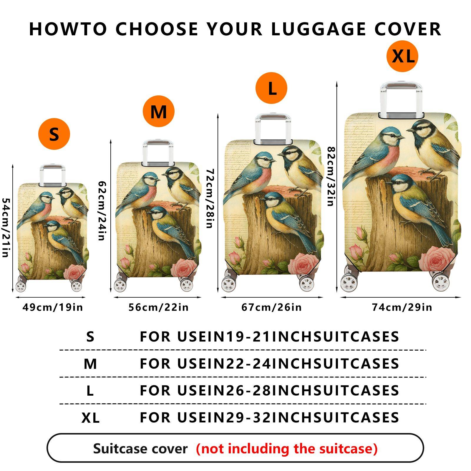 1-Piece Vintage Bird Tree Flower Pastoral  Suitcase Luggage Cover, Stretch Protective Sleeve