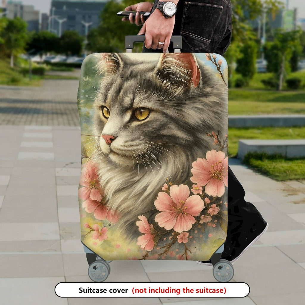 1-Piece Floral Cat Art Pastel Spring Nature  Suitcase Luggage Cover, Stretch Protective Sleeve