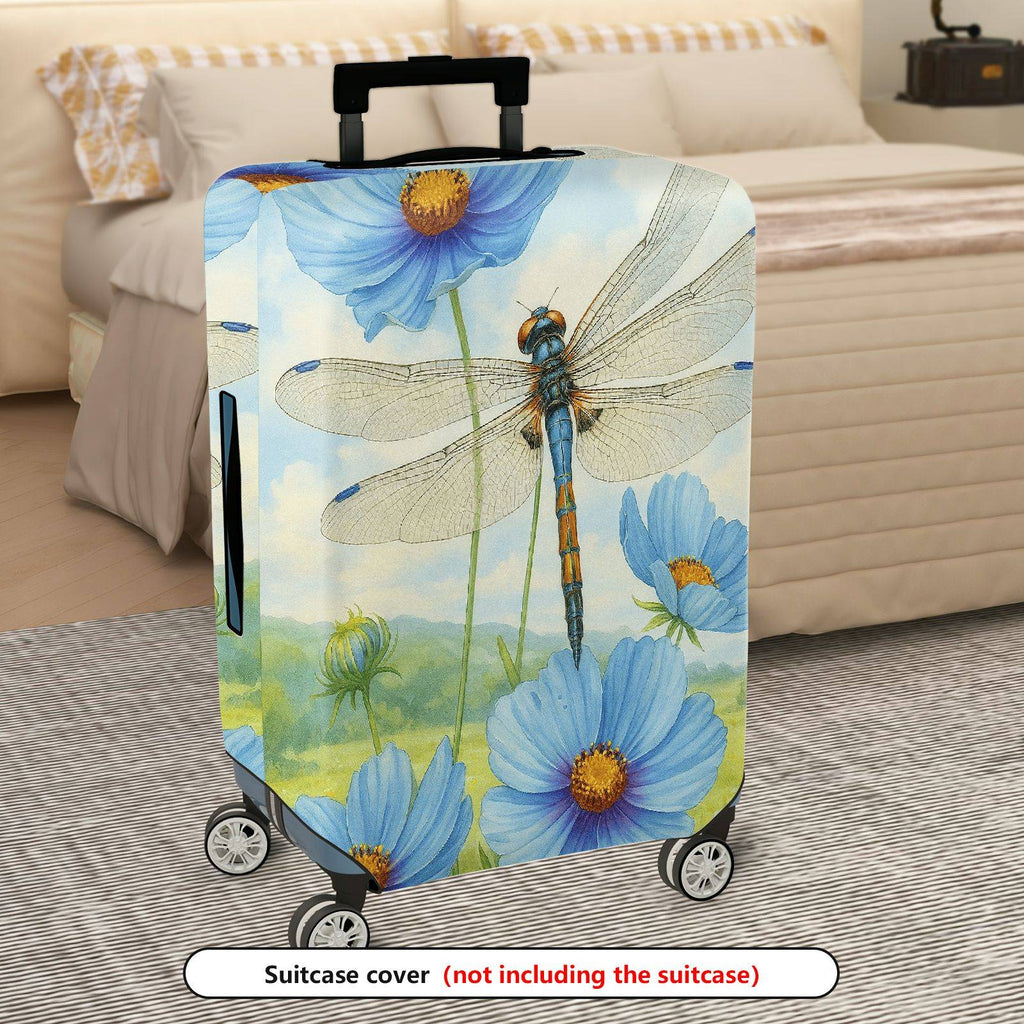 1-Piece Dragonfly Blue Flower Watercolor Nature Artistic  Suitcase Luggage Cover, Stretch Protective Sleeve