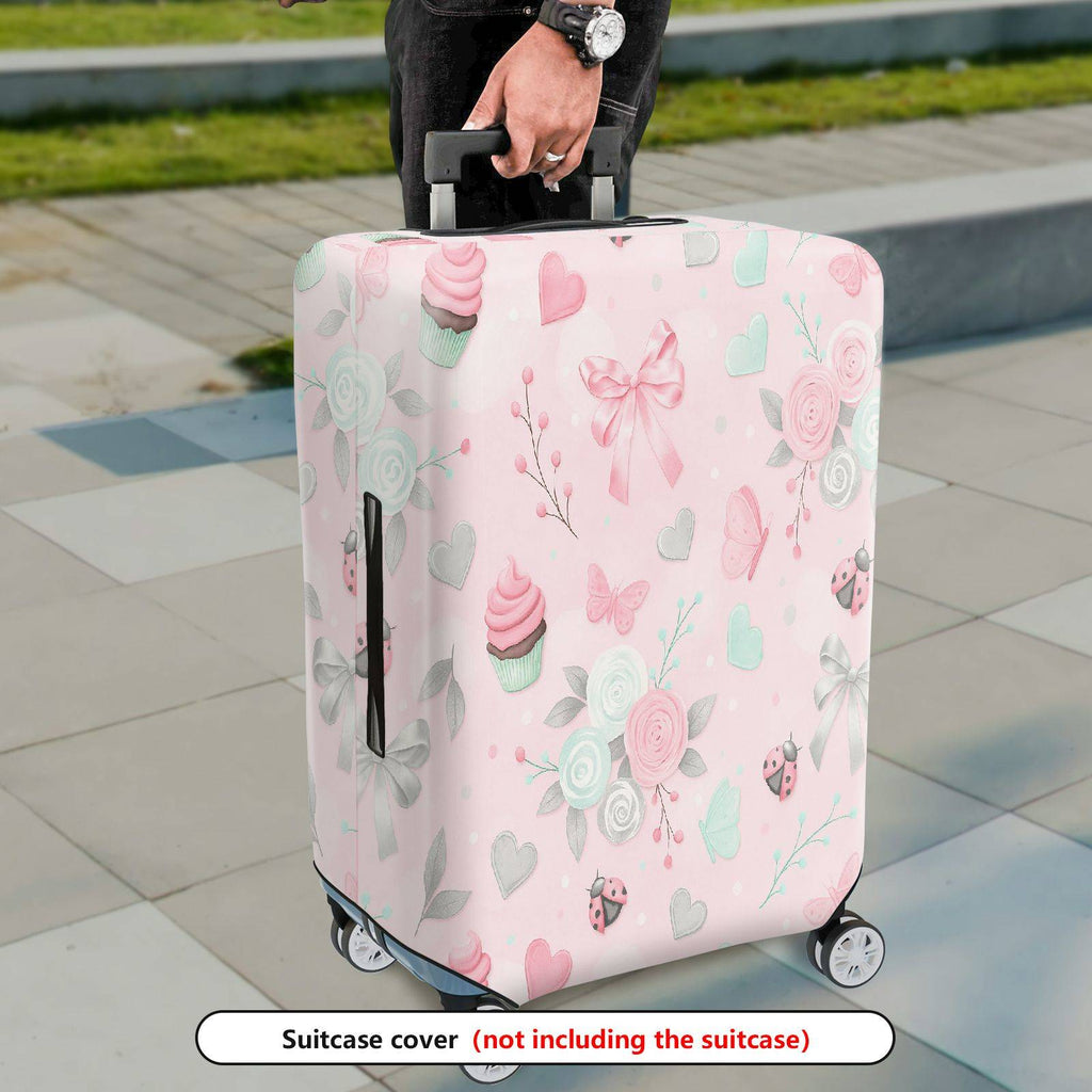 1-Piece Pink Ladybug Heart Butterfly Flower Bow  Suitcase Luggage Cover, Stretch Protective Sleeve