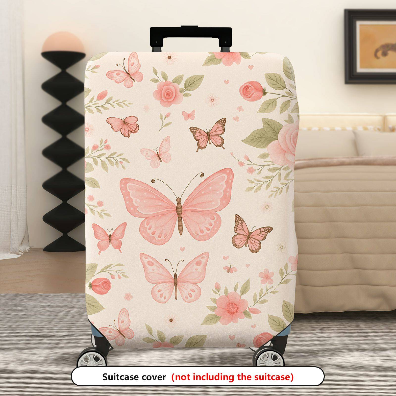 1-Piece Floral Butterfly Pink Rose Nature Art  Suitcase Luggage Cover, Stretch Protective Sleeve