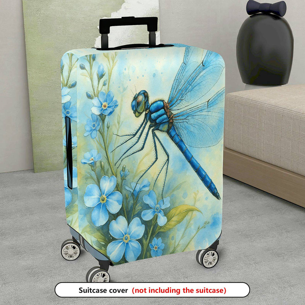 1-Piece Blue Dragonfly Floral Nature Art Travel  Suitcase Luggage Cover, Stretch Protective Sleeve
