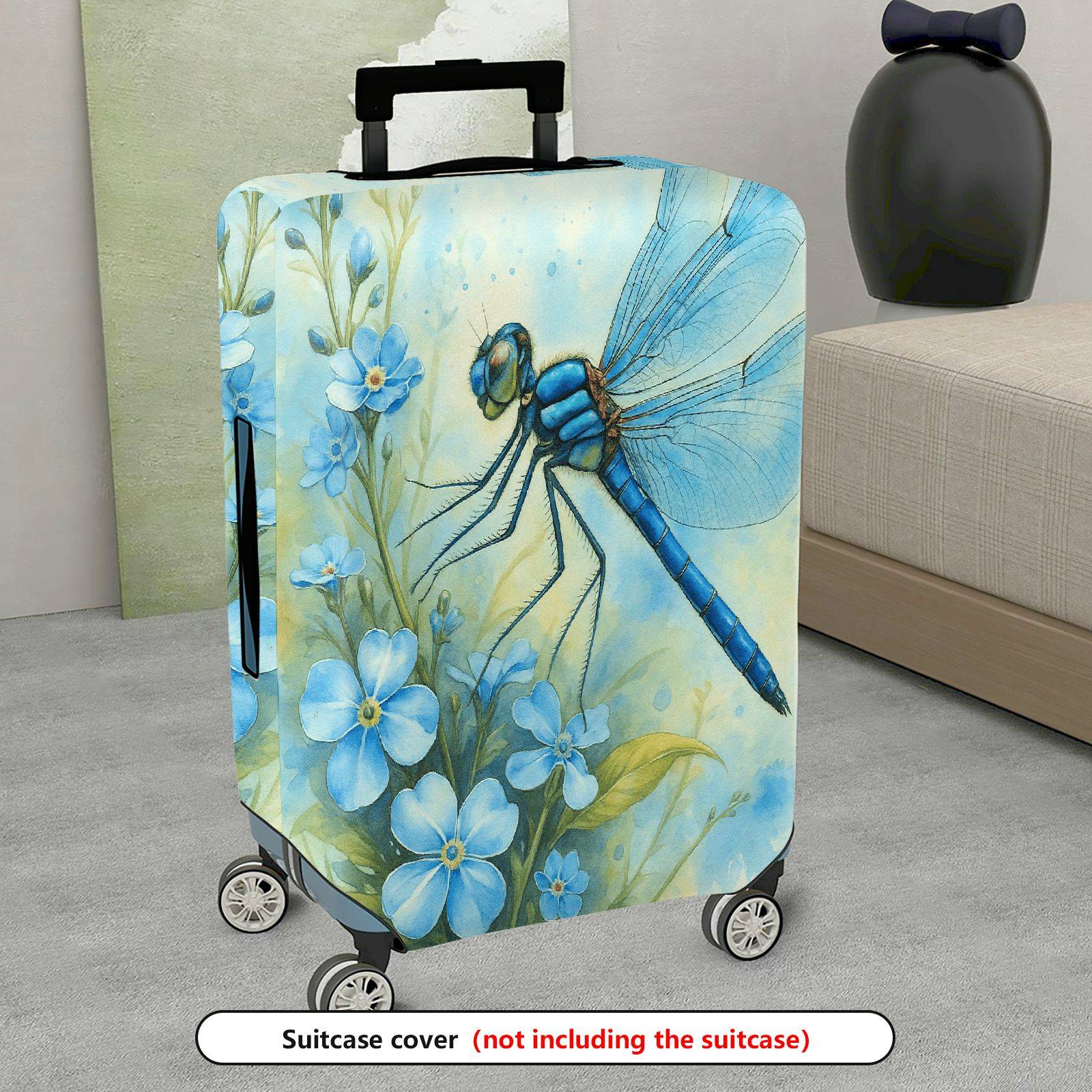 1-Piece Blue Dragonfly Floral Nature Art Travel  Suitcase Luggage Cover, Stretch Protective Sleeve