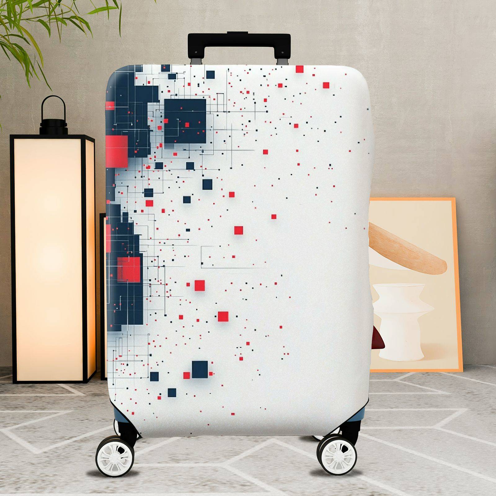 1-Piece Abstract Geometric Red Blue Tech Modern Digital  Suitcase Luggage Cover, Stretch Protective Sleeve