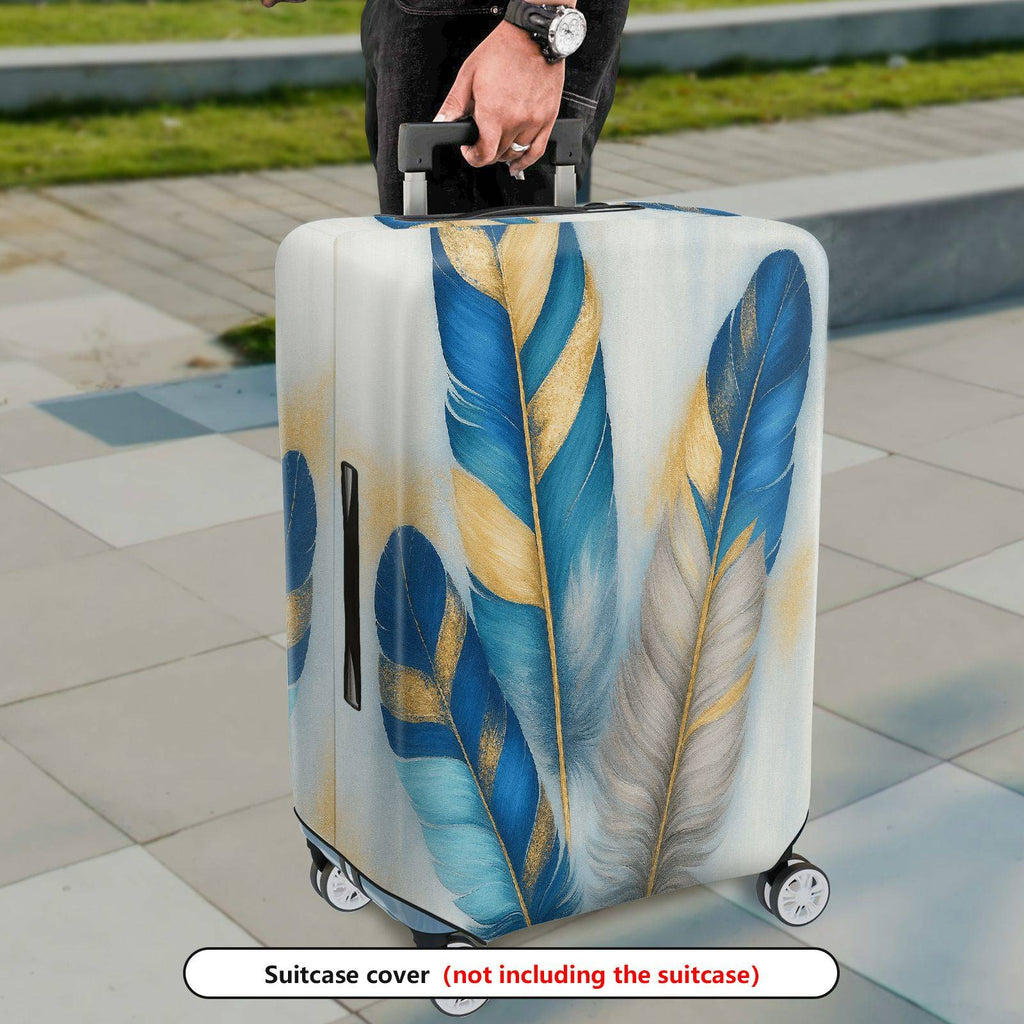 1-Piece Blue Beige Feather Golden Artistic Floral Abstract  Suitcase Luggage Cover, Stretch Protective Sleeve