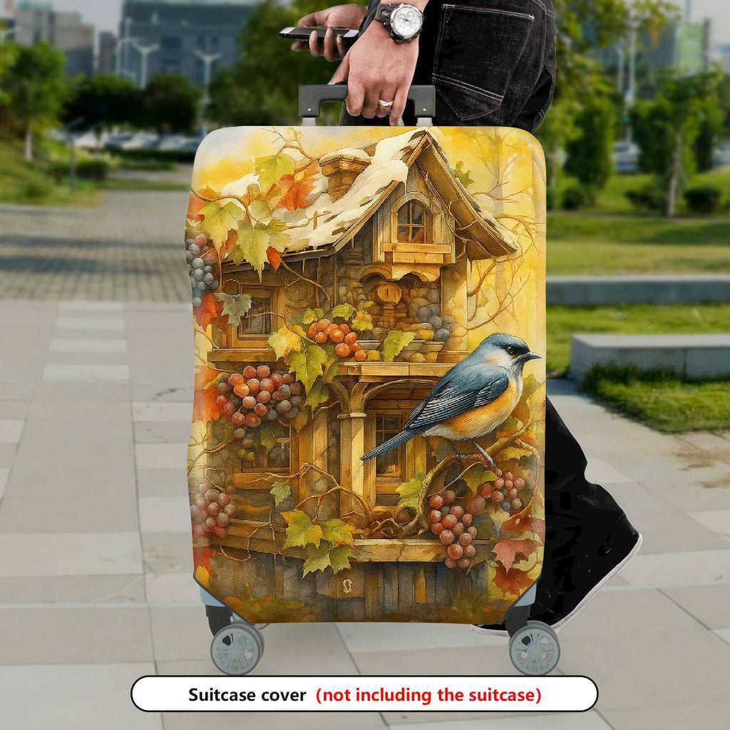 1-Piece Vintage Autumn Birdhouse Grapevine Leaves Artistic  Suitcase Luggage Cover, Stretch Protective Sleeve