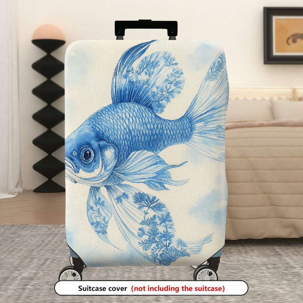 1-Piece Artistic Blue Fish Floral Nature Elegant  Suitcase Luggage Cover, Stretch Protective Sleeve