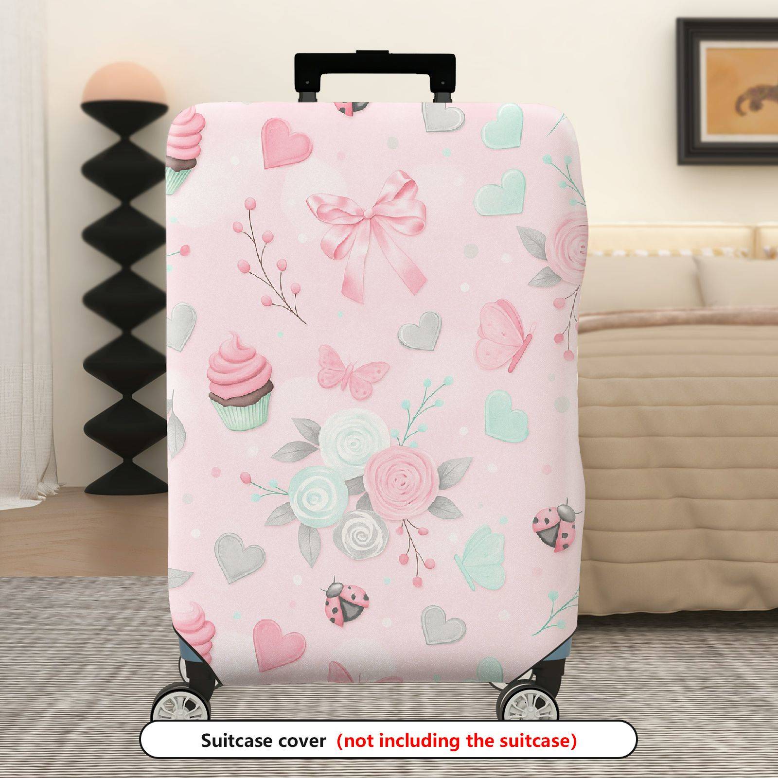 1-Piece Pink Ladybug Heart Butterfly Flower Bow  Suitcase Luggage Cover, Stretch Protective Sleeve
