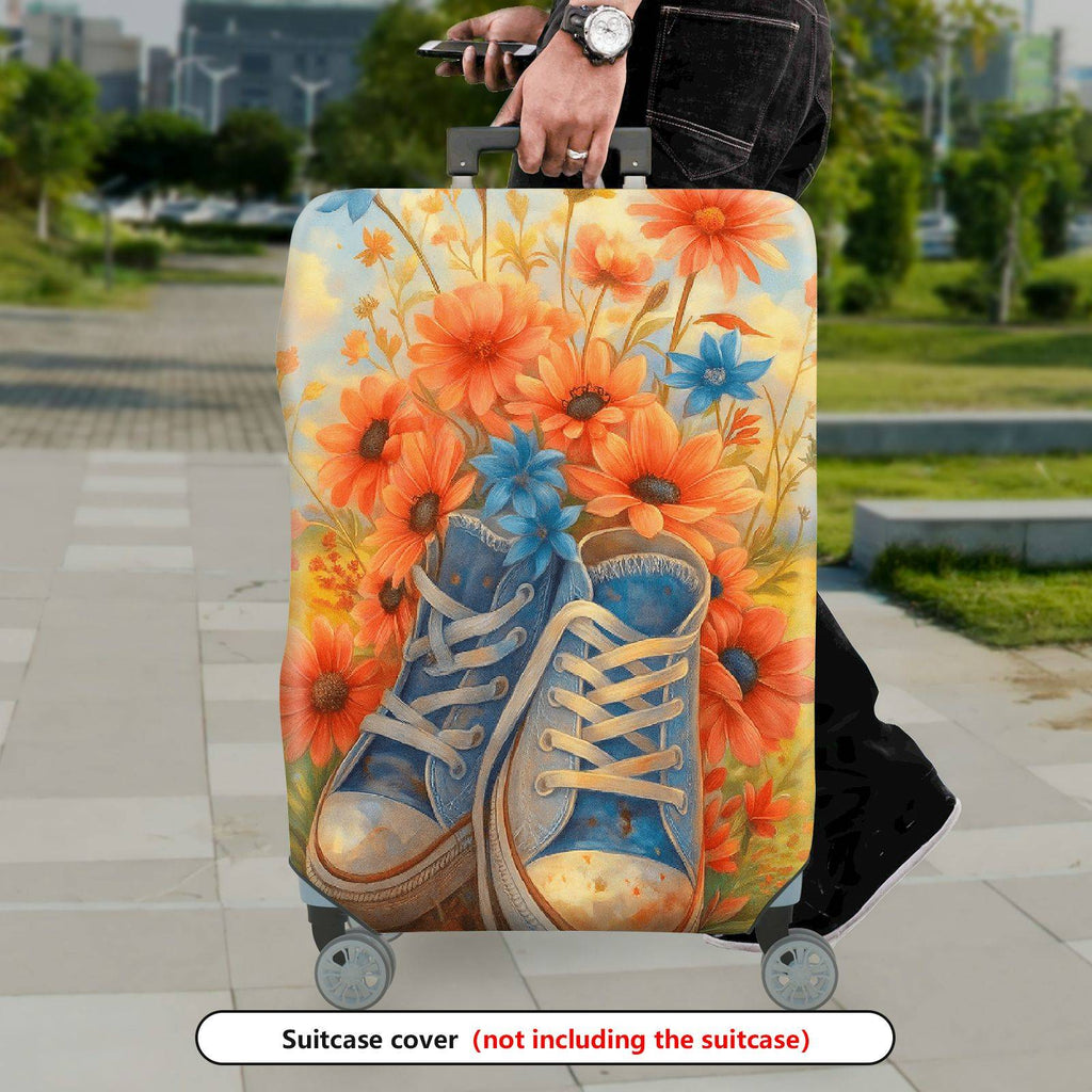 1-Piece Floral Retro Shoes Art Travel Luggage  Suitcase Luggage Cover, Stretch Protective Sleeve