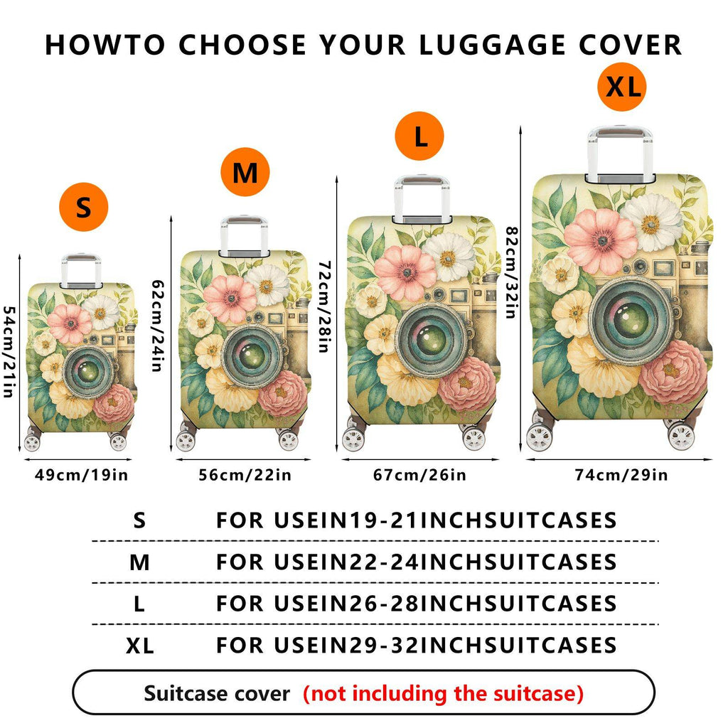 1-Piece Vintage Floral Camera Artistic Bloom Colorful  Suitcase Luggage Cover, Stretch Protective Sleeve