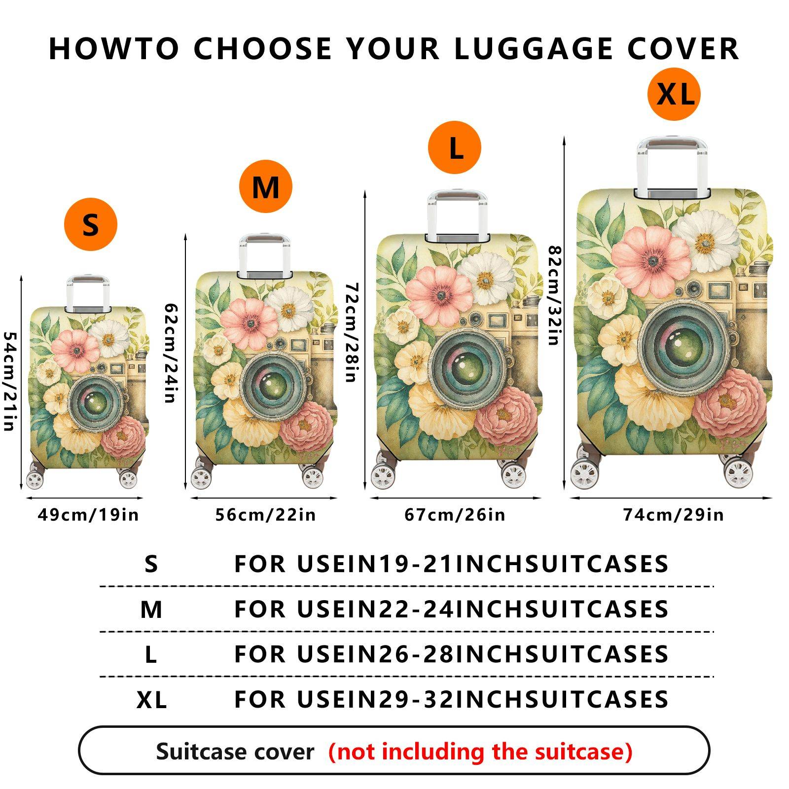 1-Piece Vintage Floral Camera Artistic Bloom Colorful  Suitcase Luggage Cover, Stretch Protective Sleeve