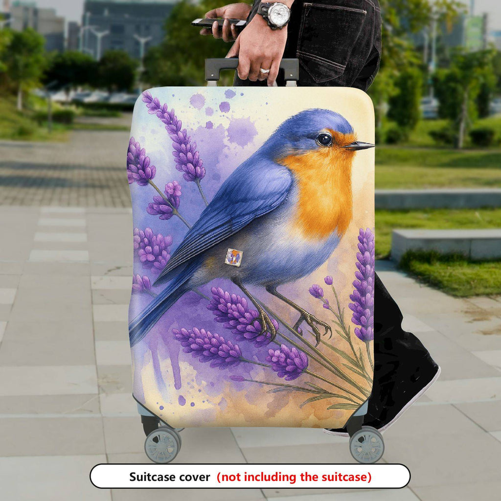 1-Piece Lavender Blue Bird Floral Watercolor Artistic  Suitcase Luggage Cover, Stretch Protective Sleeve