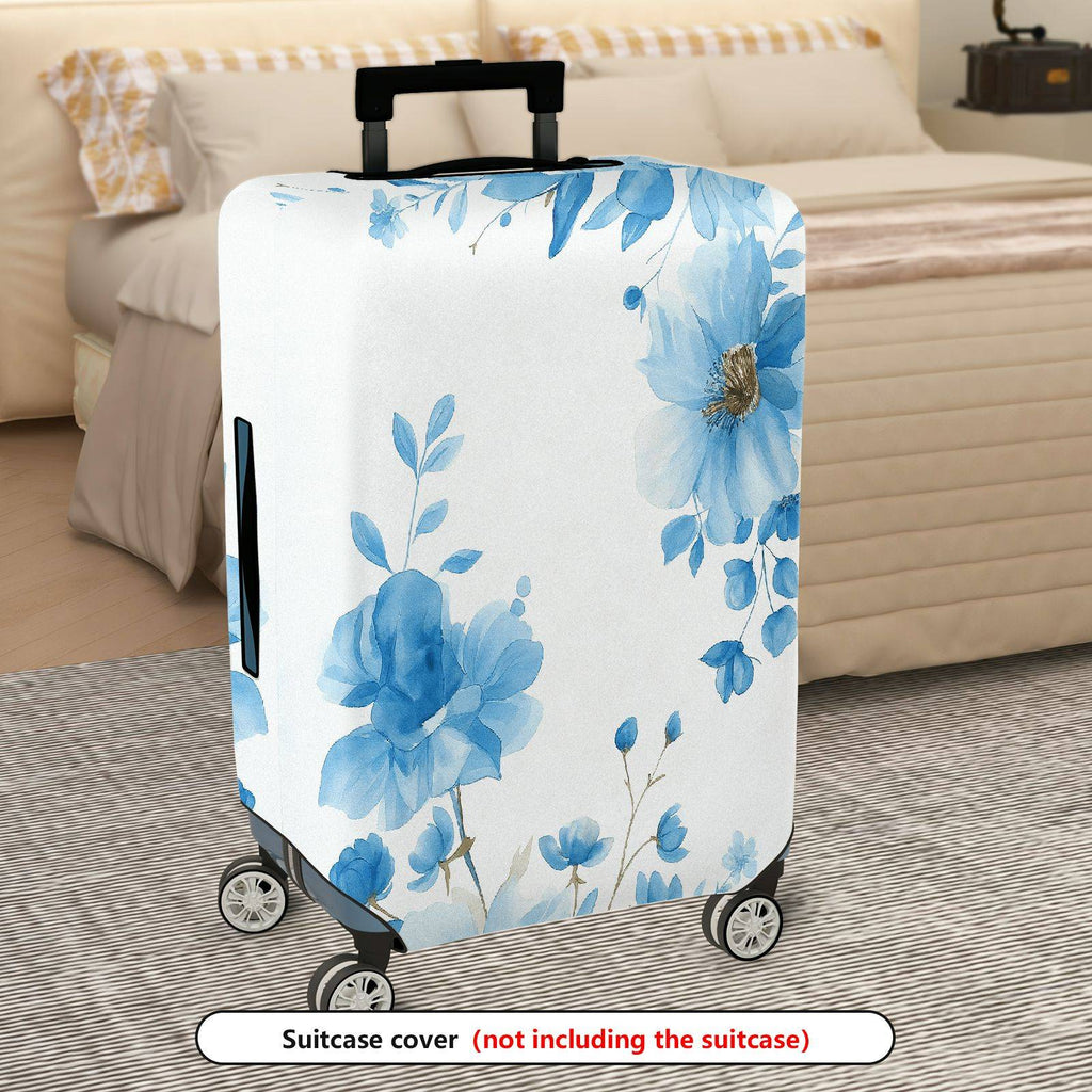 1-Piece Floral Blue White Elegant Artistic Blossom  Suitcase Luggage Cover, Stretch Protective Sleeve