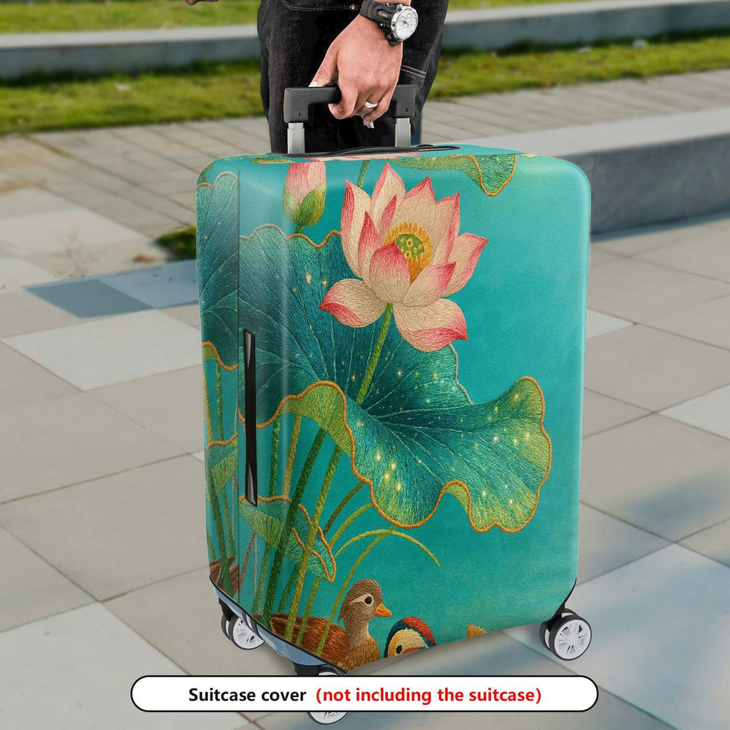 1-Piece Lotus Flower Pond Duck Illustration  Suitcase Luggage Cover, Stretch Protective Sleeve
