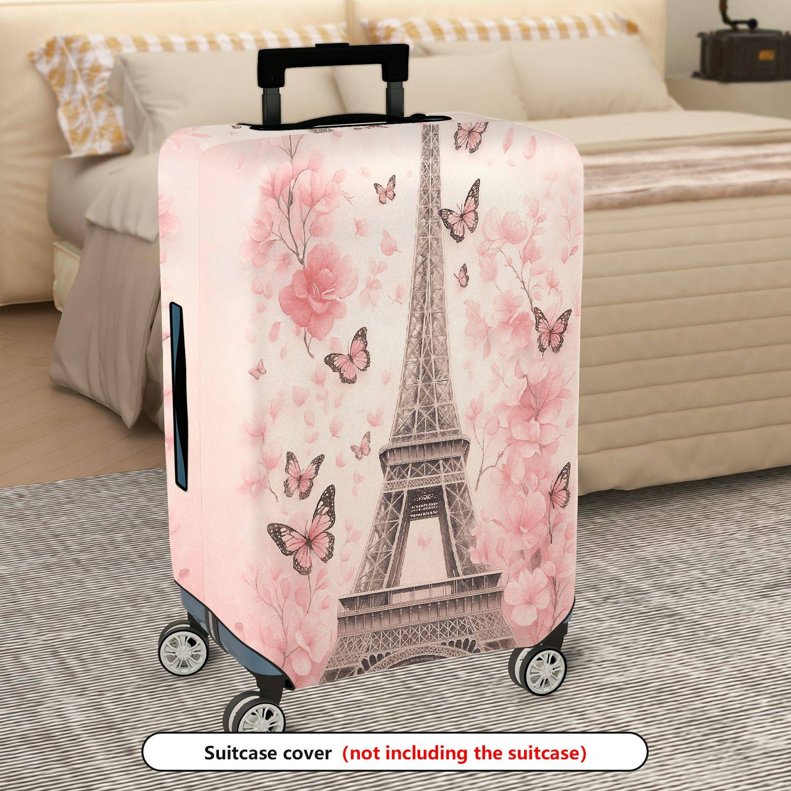1-Piece Eiffel Tower Butterfly Flower Pink Romantic Paris  Suitcase Luggage Cover, Stretch Protective Sleeve