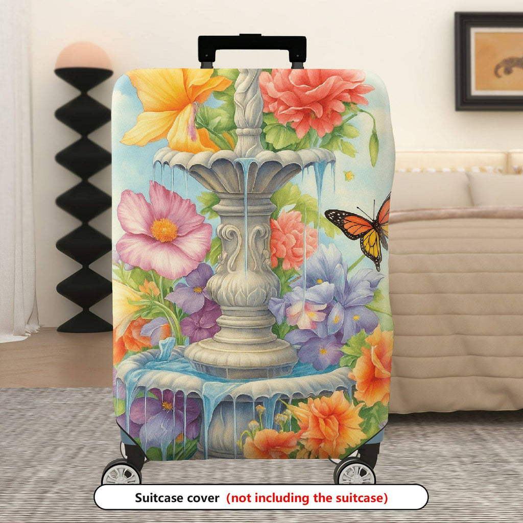 1-Piece Fountain Floral Butterfly Colorful Nature Art  Suitcase Luggage Cover, Stretch Protective Sleeve