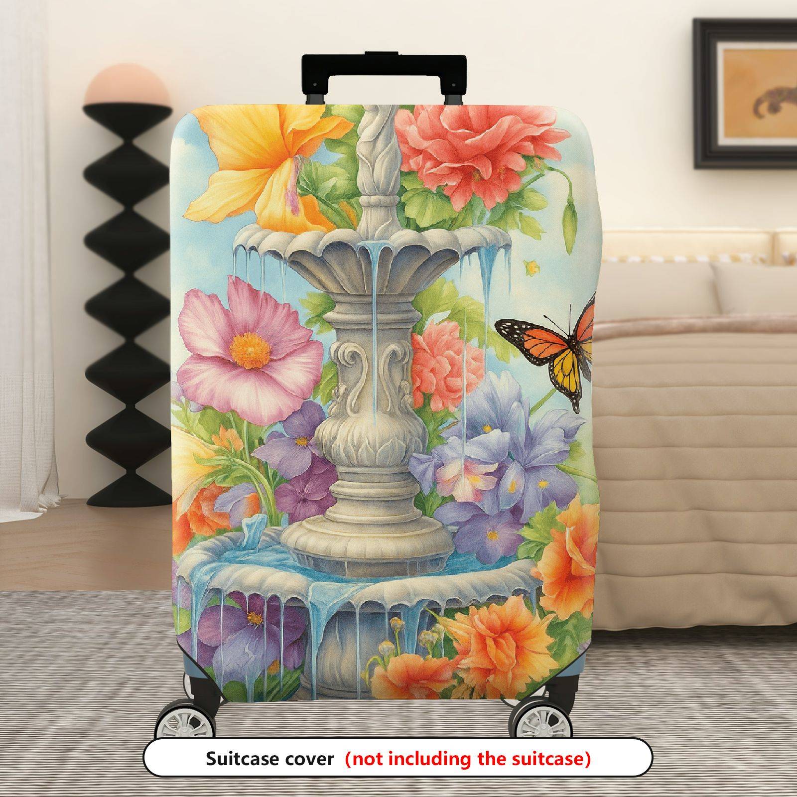 1-Piece Fountain Floral Butterfly Colorful Nature Art  Suitcase Luggage Cover, Stretch Protective Sleeve