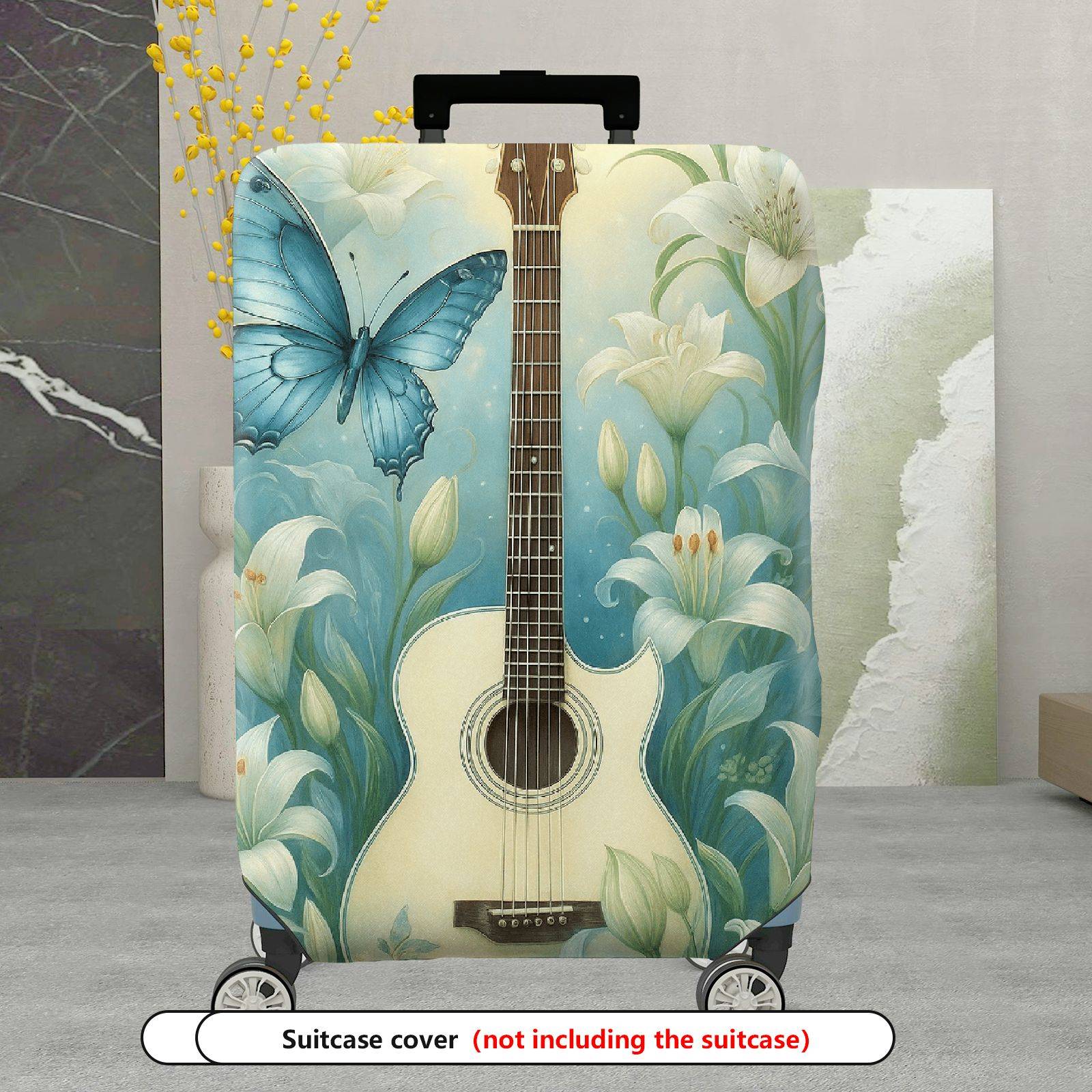 1-Piece Butterfly Floral Guitar Blue Artistic Elegant Nature  Suitcase Luggage Cover, Stretch Protective Sleeve