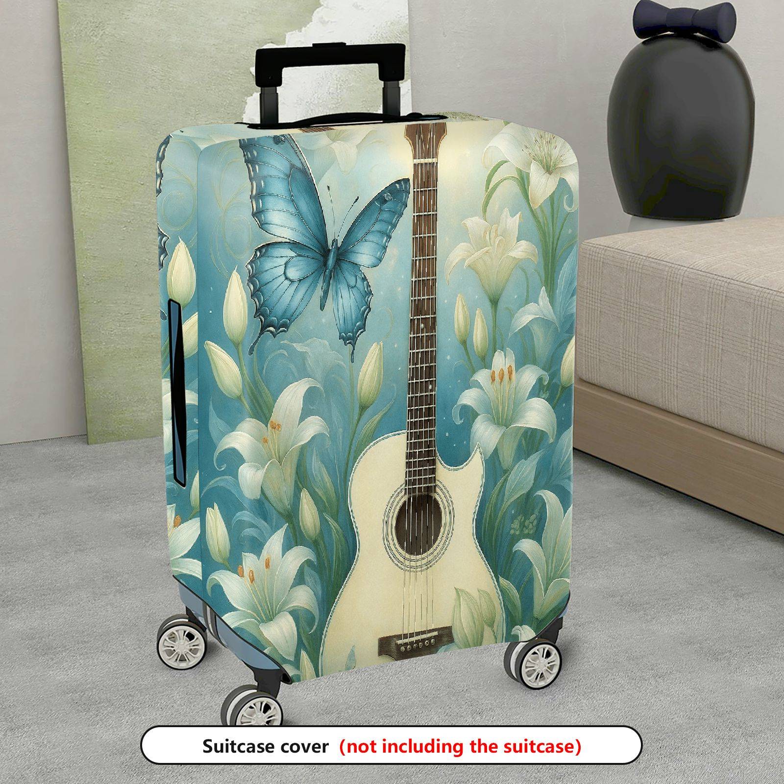 1-Piece Butterfly Floral Guitar Blue Artistic Elegant Nature  Suitcase Luggage Cover, Stretch Protective Sleeve