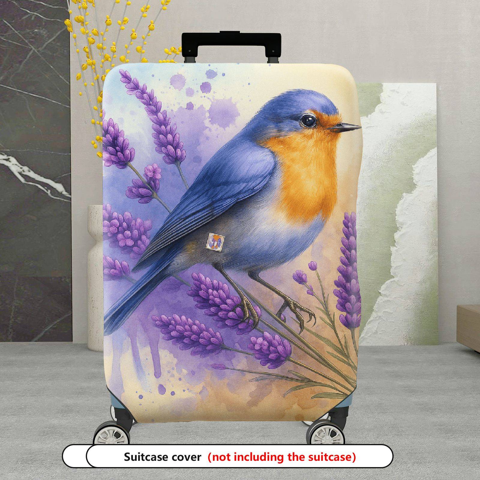 1-Piece Lavender Blue Bird Floral Watercolor Artistic  Suitcase Luggage Cover, Stretch Protective Sleeve