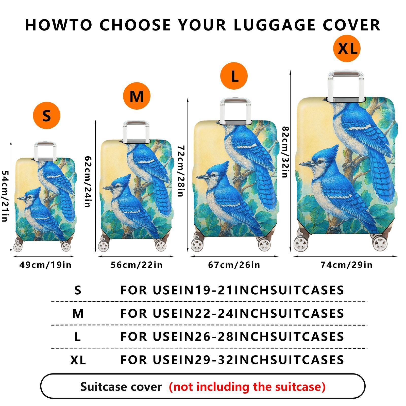 1-Piece Blue Jay Bird Leaf Artistic  Suitcase Luggage Cover, Stretch Protective Sleeve