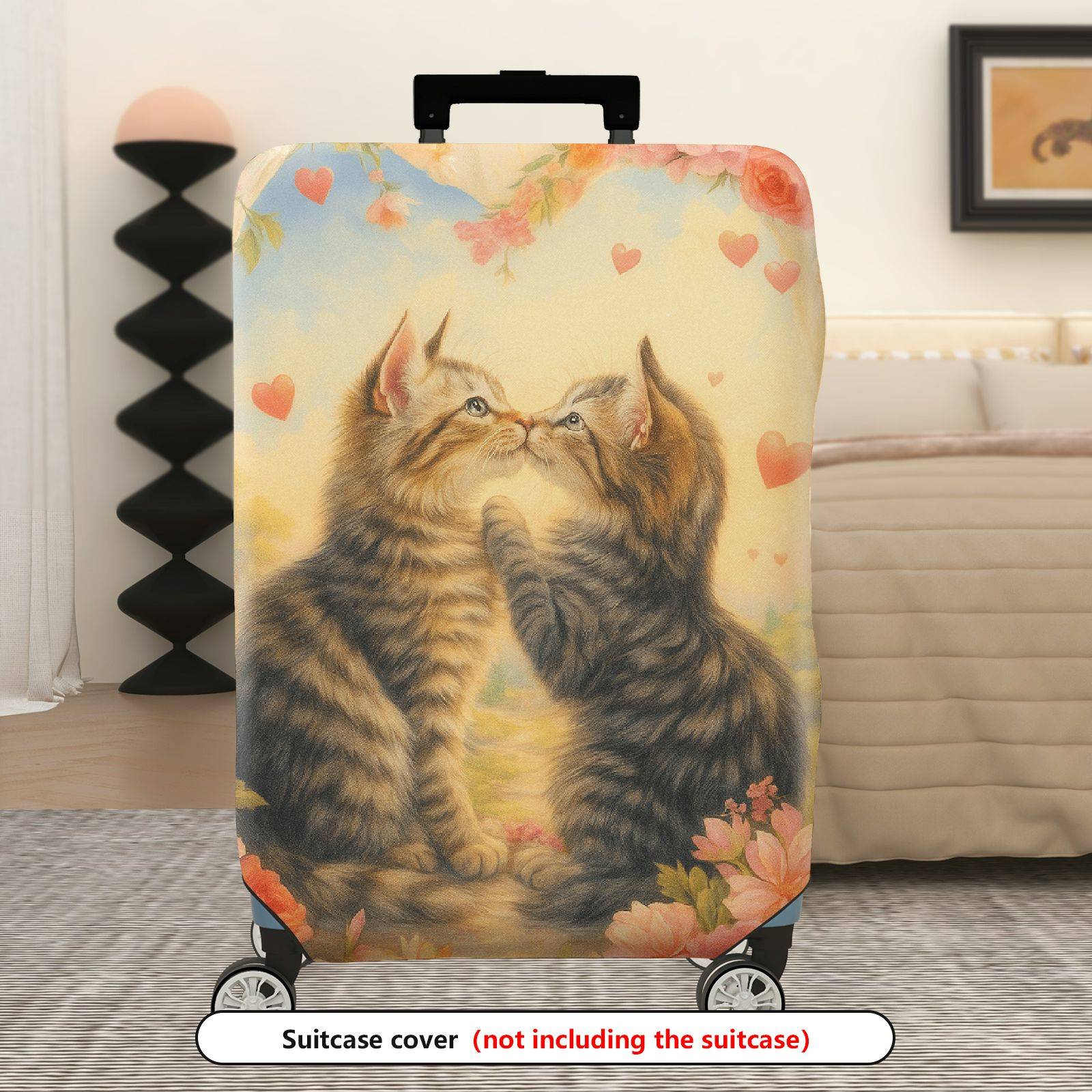1-Piece Cute Romantic Floral Heart Cat  Suitcase Luggage Cover, Stretch Protective Sleeve