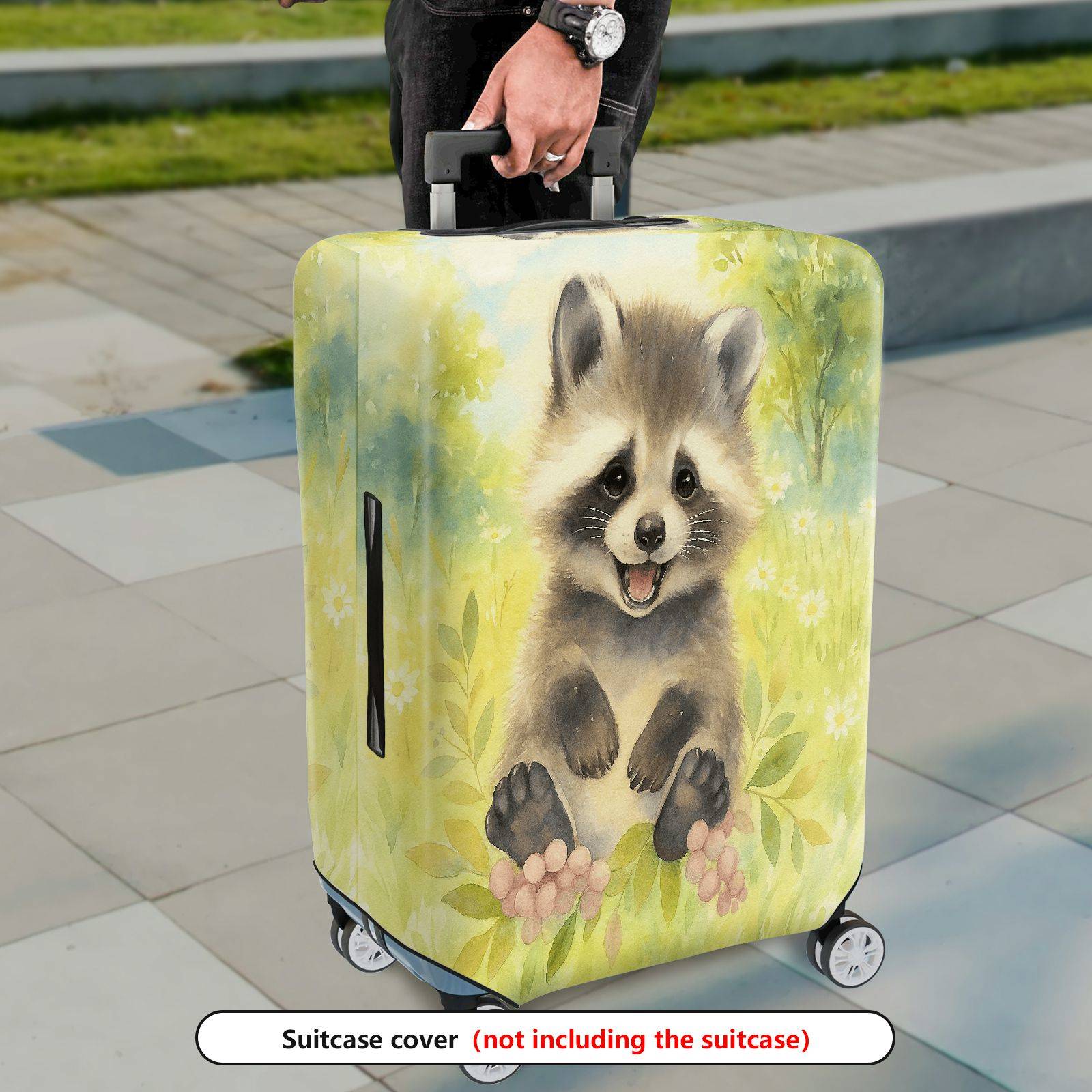 1-Piece Cute Raccoon Animal  Nature Green Flower  Suitcase Luggage Cover, Stretch Protective Sleeve