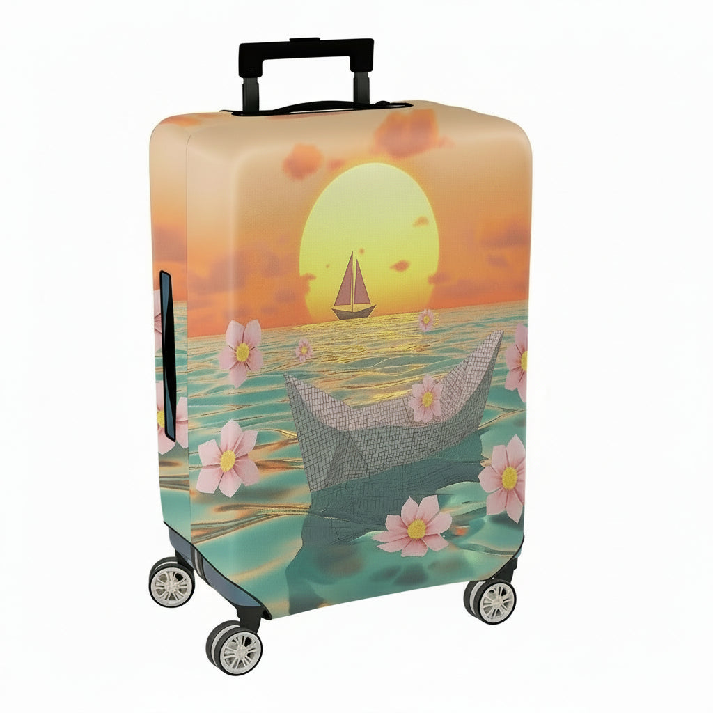 1-Piece Sunset Beach Paper Boat Cherry Blossom Flower  Suitcase Luggage Cover, Stretch Protective Sleeve
