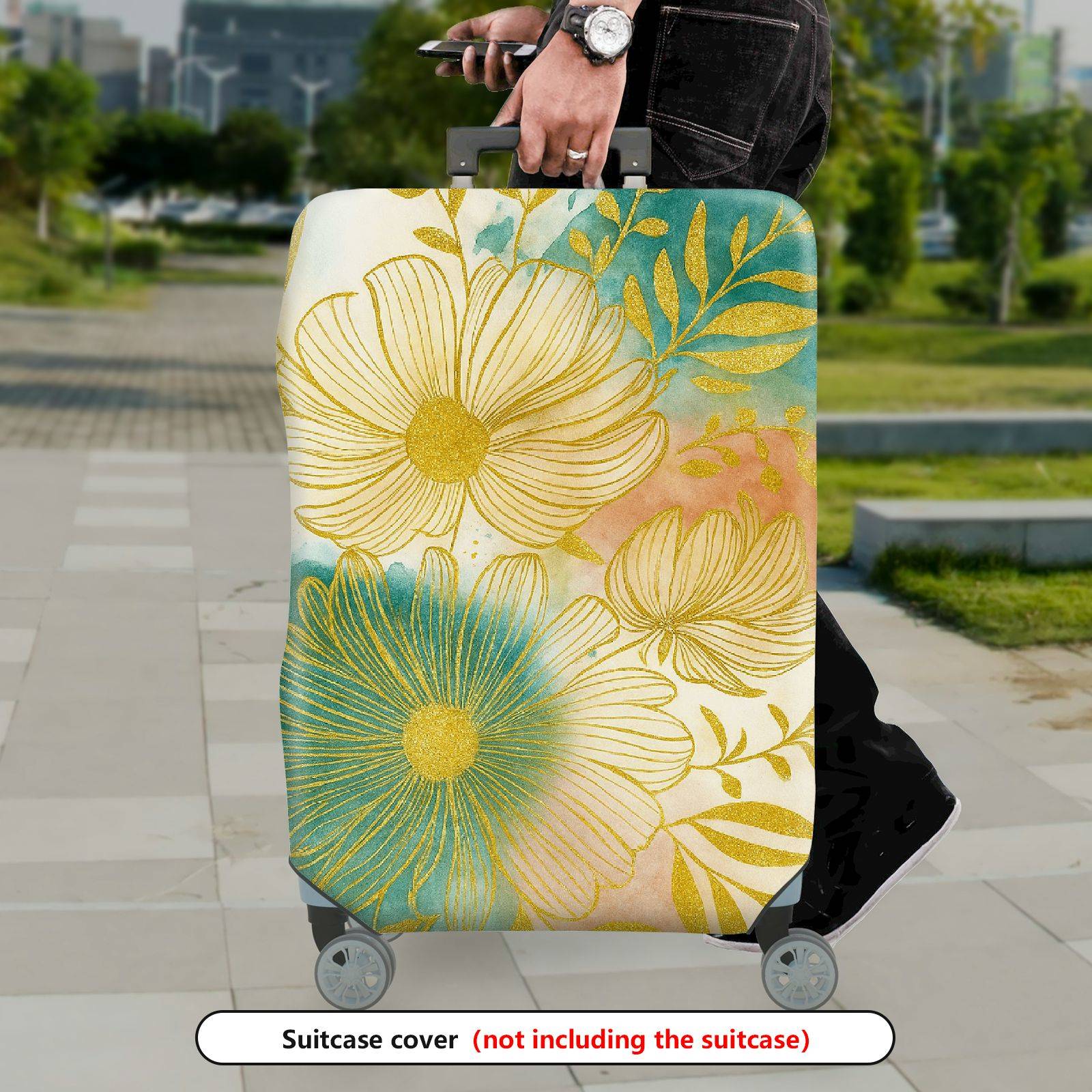 1-Piece Floral Golden Artistic Colorful Abstract Nature  Suitcase Luggage Cover, Stretch Protective Sleeve