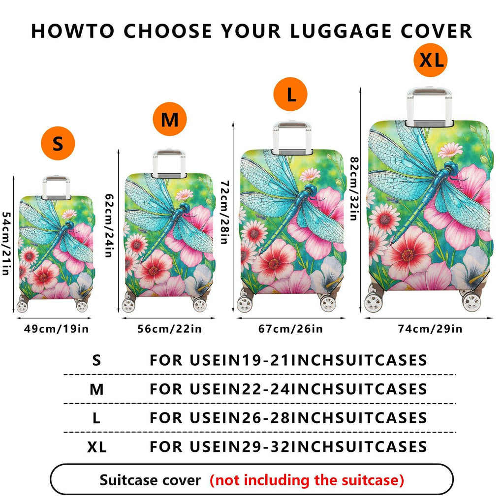 1-Piece Dragonfly Floral Colorful Artistic Nature  Suitcase Luggage Cover, Stretch Protective Sleeve