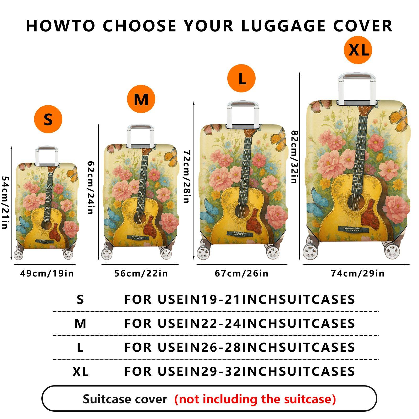 1-Piece Floral Guitar Butterfly Colorful Artistic Travel  Suitcase Luggage Cover, Stretch Protective Sleeve