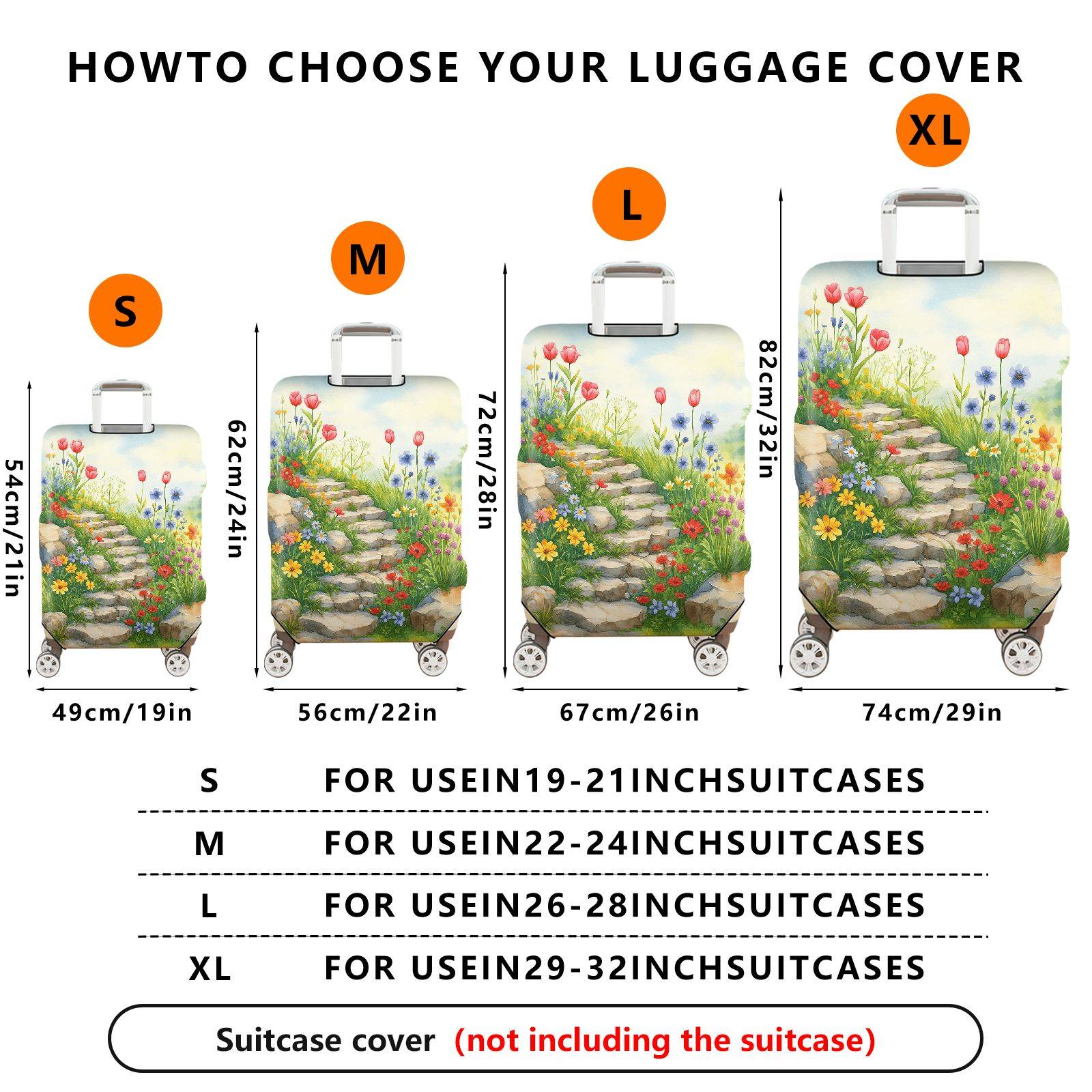 1-Piece Floral Garden Path Colorful Flowers Stone Staircase Scenic  Suitcase Luggage Cover, Stretch Protective Sleeve