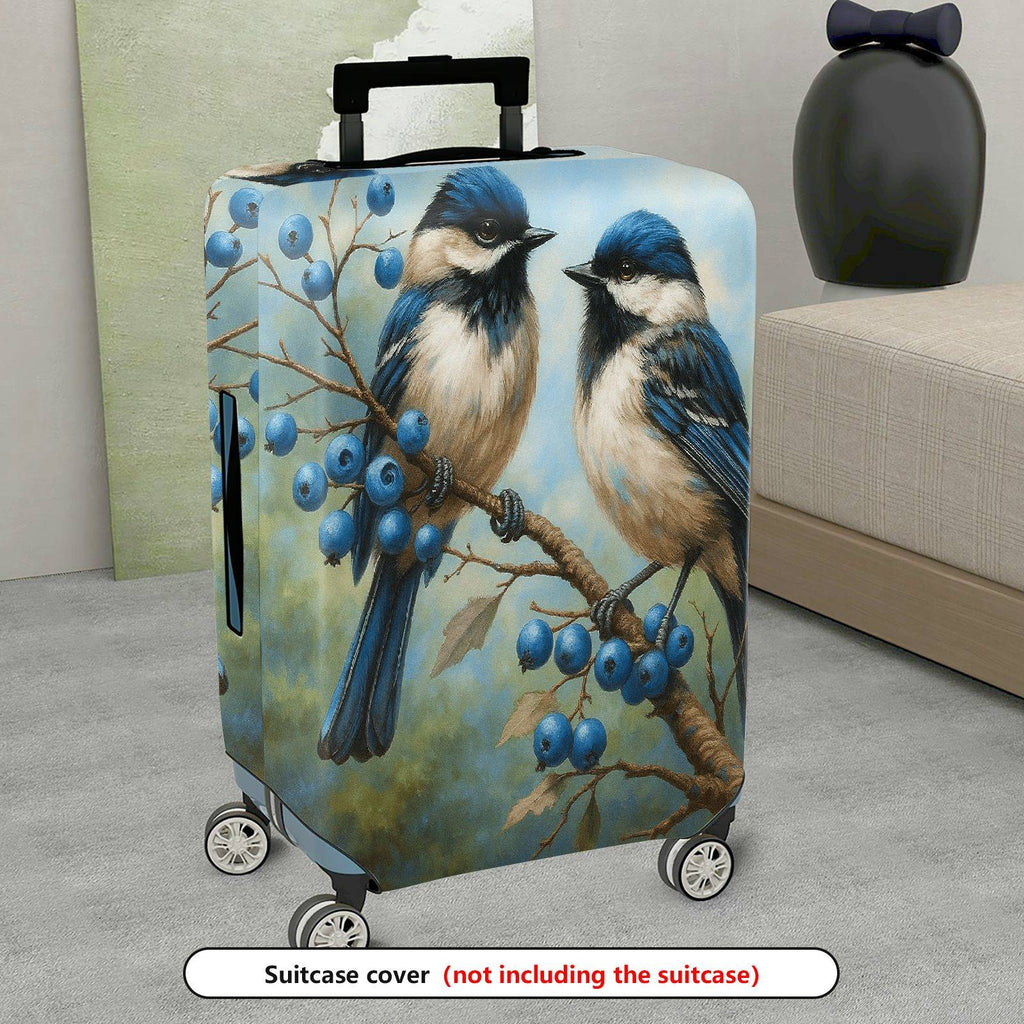 1-Piece Bird Berry Blue Nature Art  Suitcase Luggage Cover, Stretch Protective Sleeve