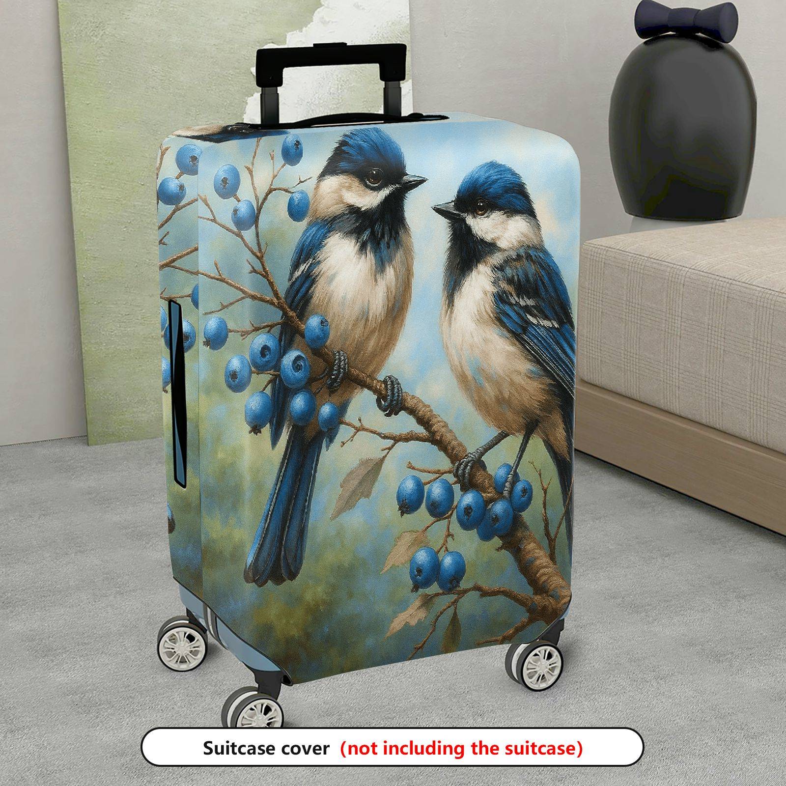 1-Piece Bird Berry Blue Nature Art  Suitcase Luggage Cover, Stretch Protective Sleeve