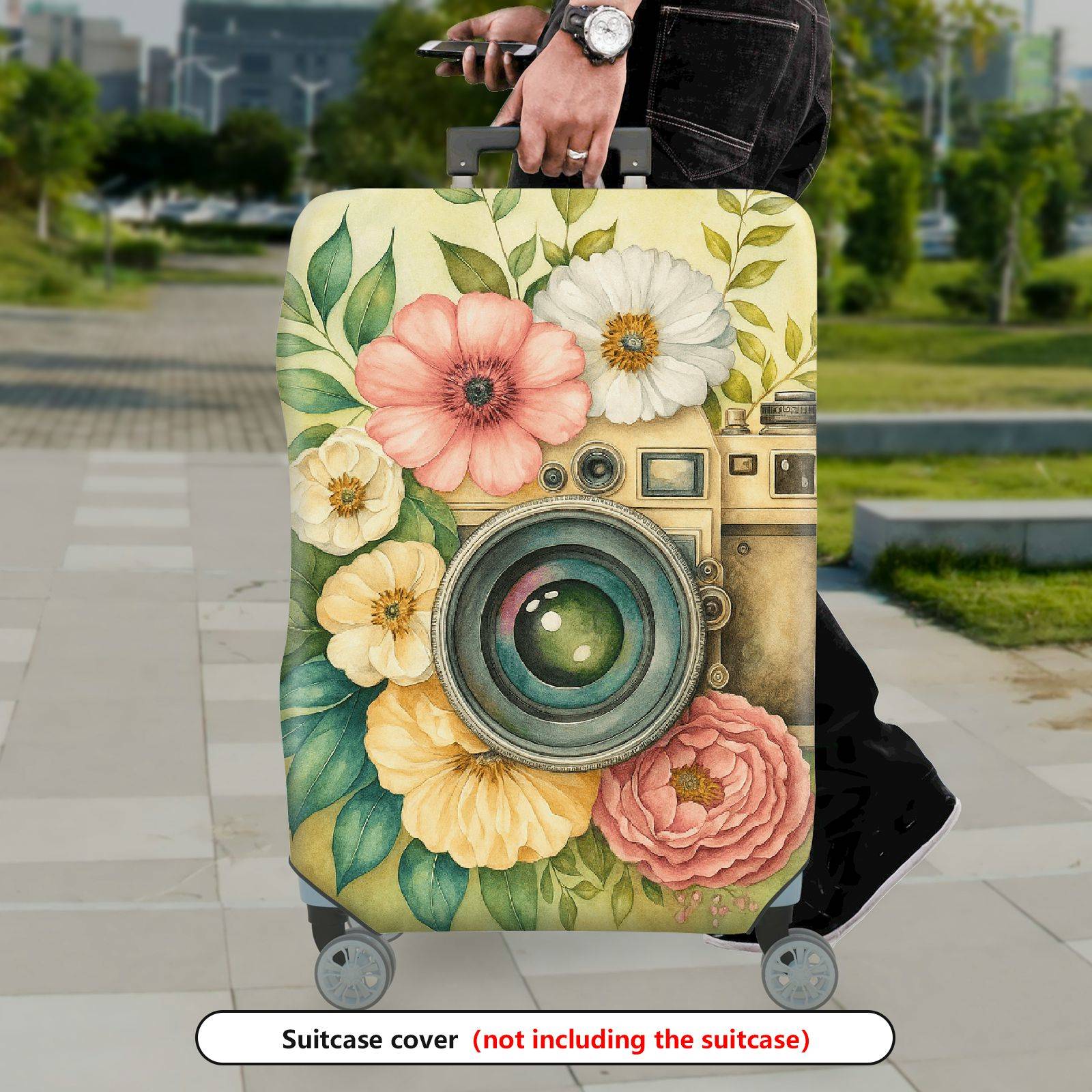 1-Piece Vintage Floral Camera Artistic Bloom Colorful  Suitcase Luggage Cover, Stretch Protective Sleeve